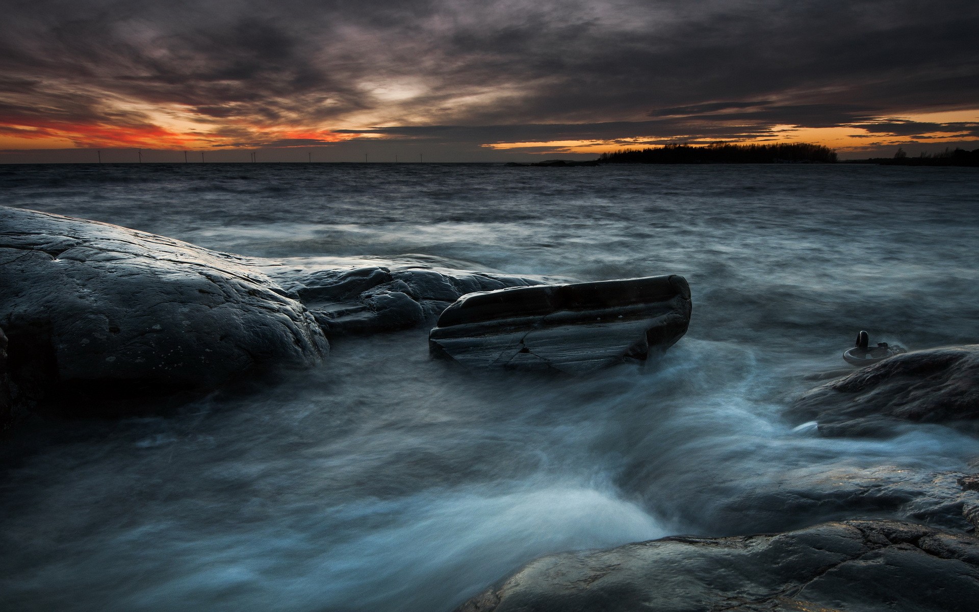 Landscape Sea Wind Farm Sunset HDR Long Exposure 1920x1200