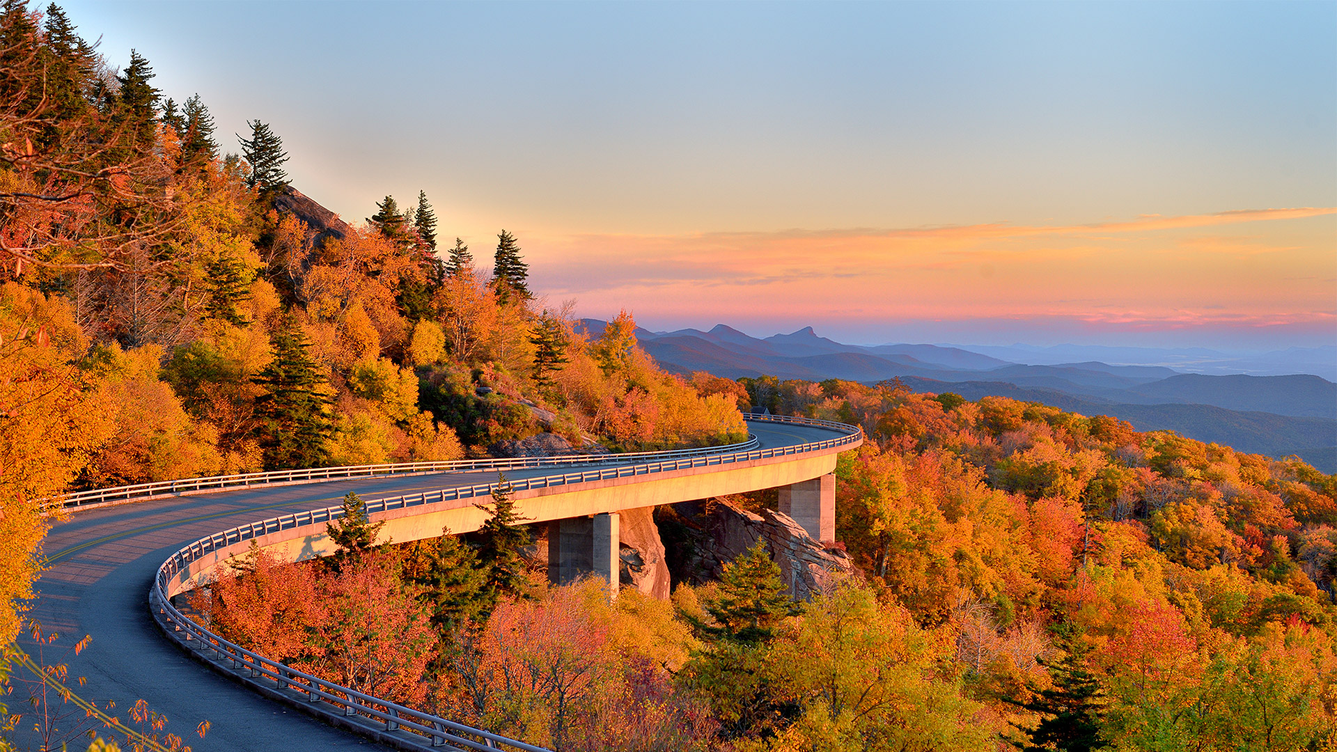 Trees Fall Forest Road Bridge Rocks Mountains Clouds Sky Hairpin Turns 1920x1080