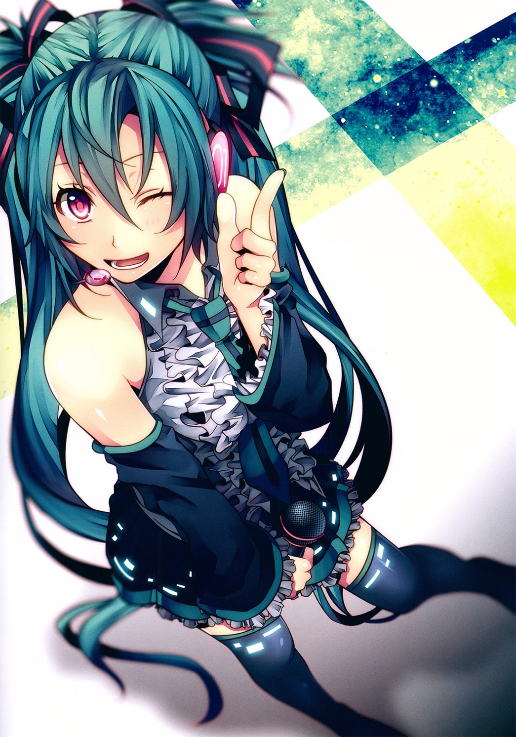 Vocaloid Hatsune Miku Long Hair Twintails Headphones Microphone Neckties Skirt Thigh Highs Anime Gir 1045x1492