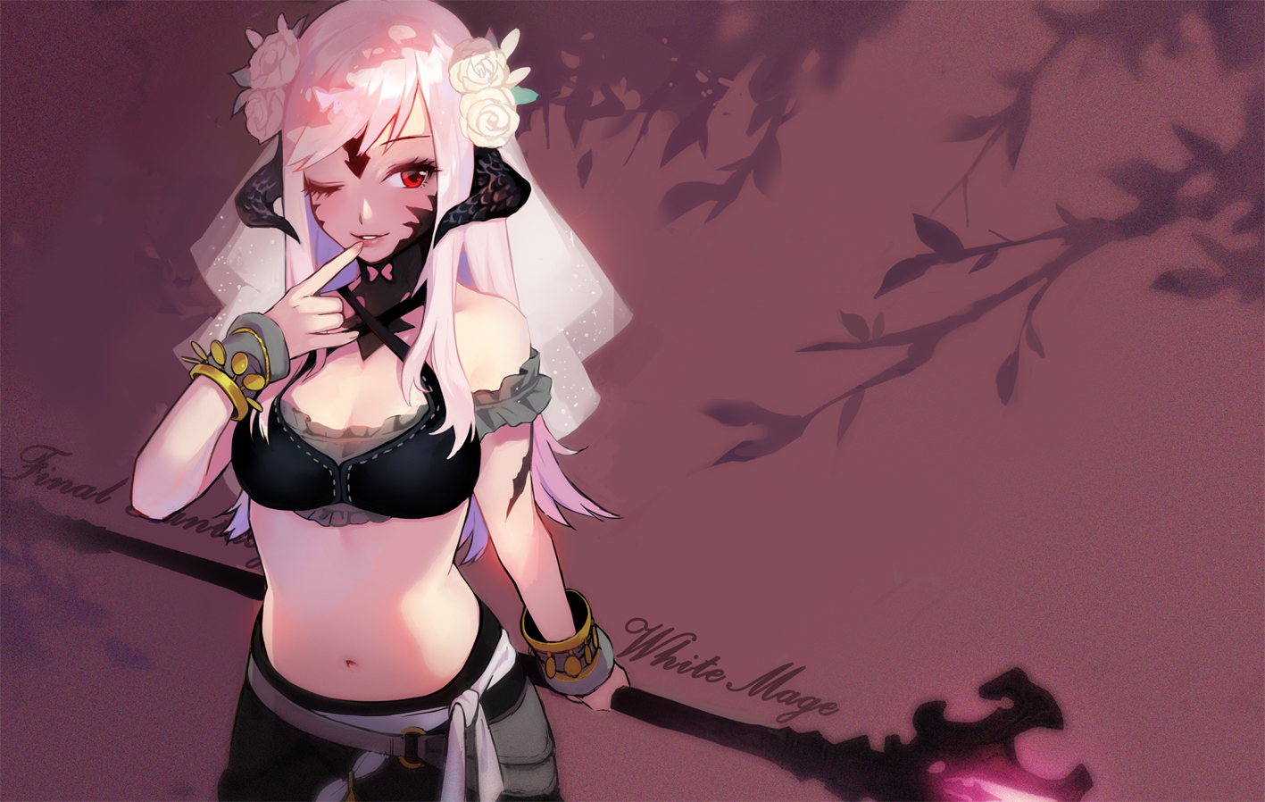 Final Fantasy XiV A Realm Reborn Au Ra Flowers Horns Red Eyes Pink Hair Navels Weapon Spear 1417x898