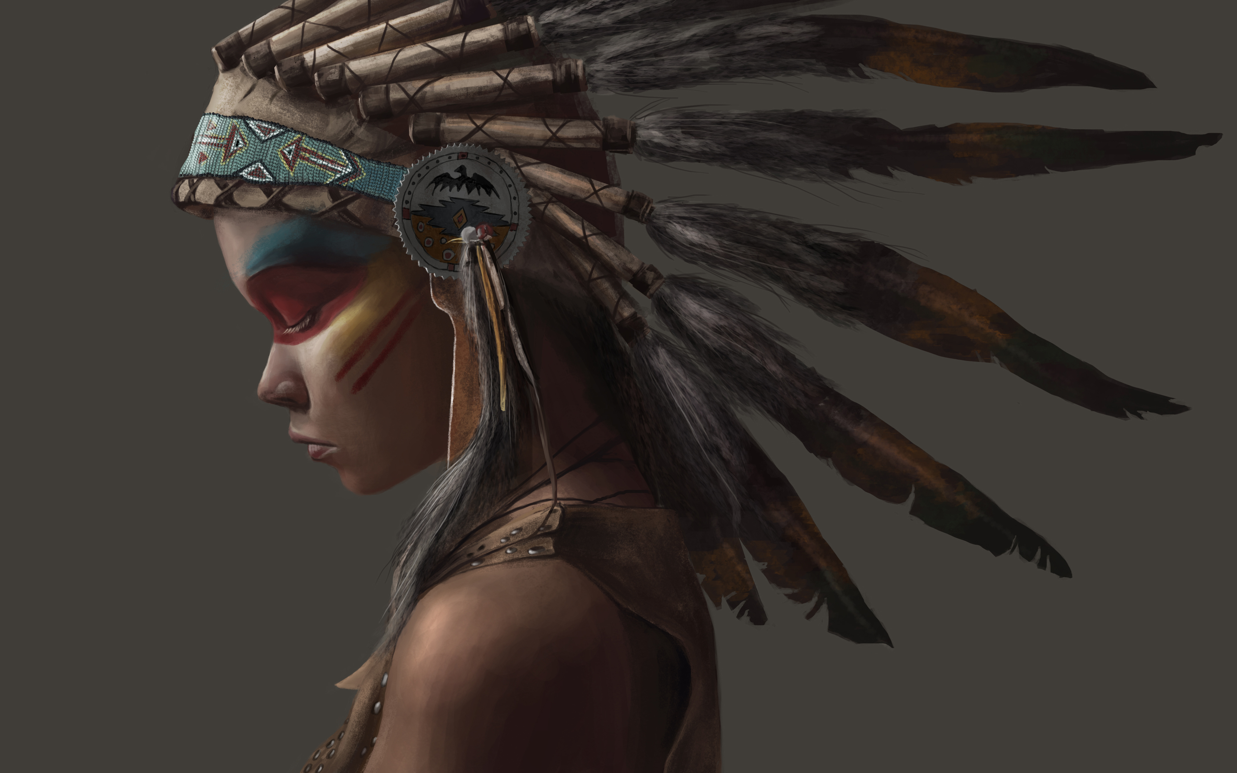 Feathers Indian Women Artwork Fantasy Art Fantasy Girl Closed Eyes Face Profile Simple Background 3968x2480