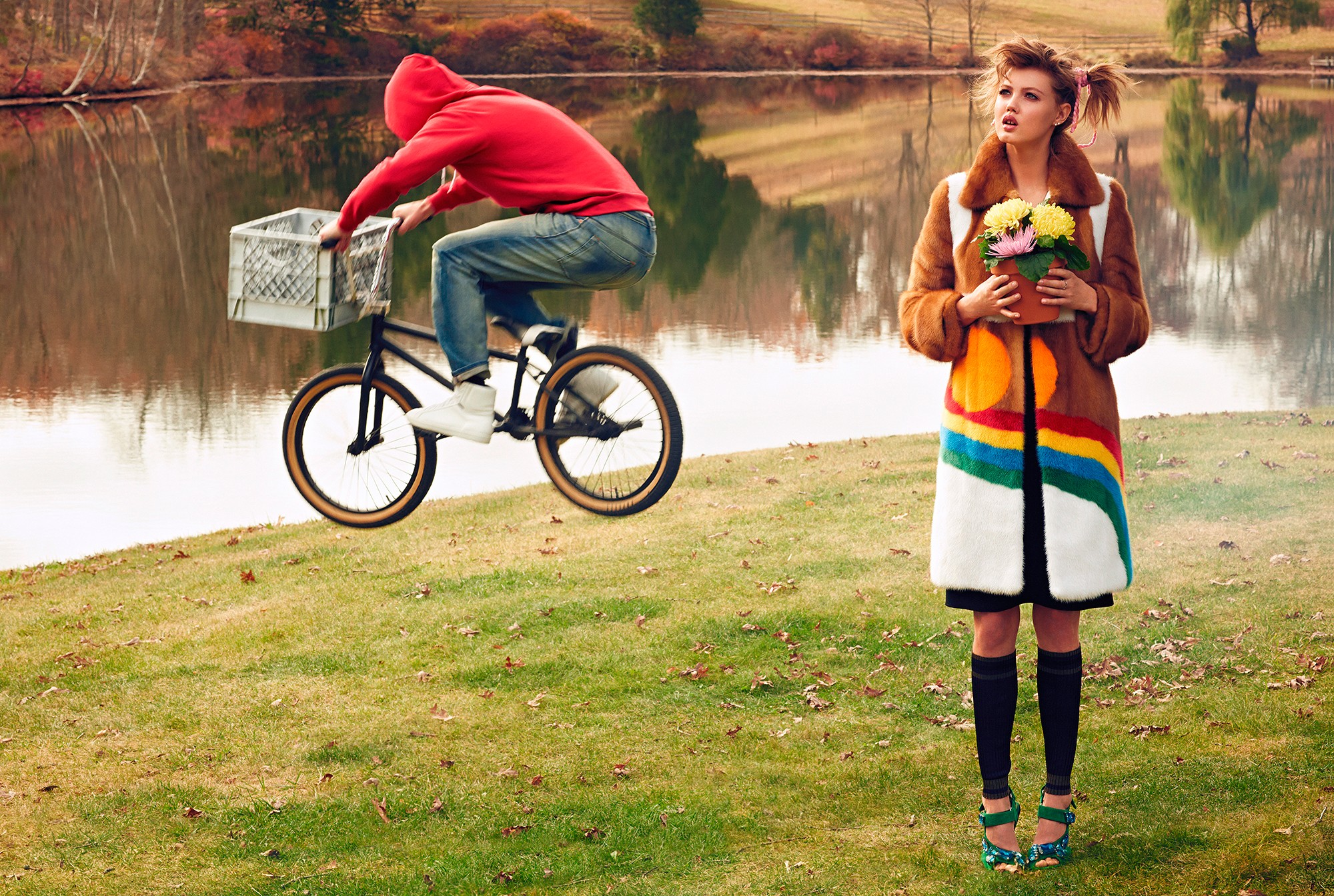 Women Women Outdoors Knee Highs Brunette Overcoats Humor Lake Reflection Bicycle Bicyclist Outdoors 2000x1344