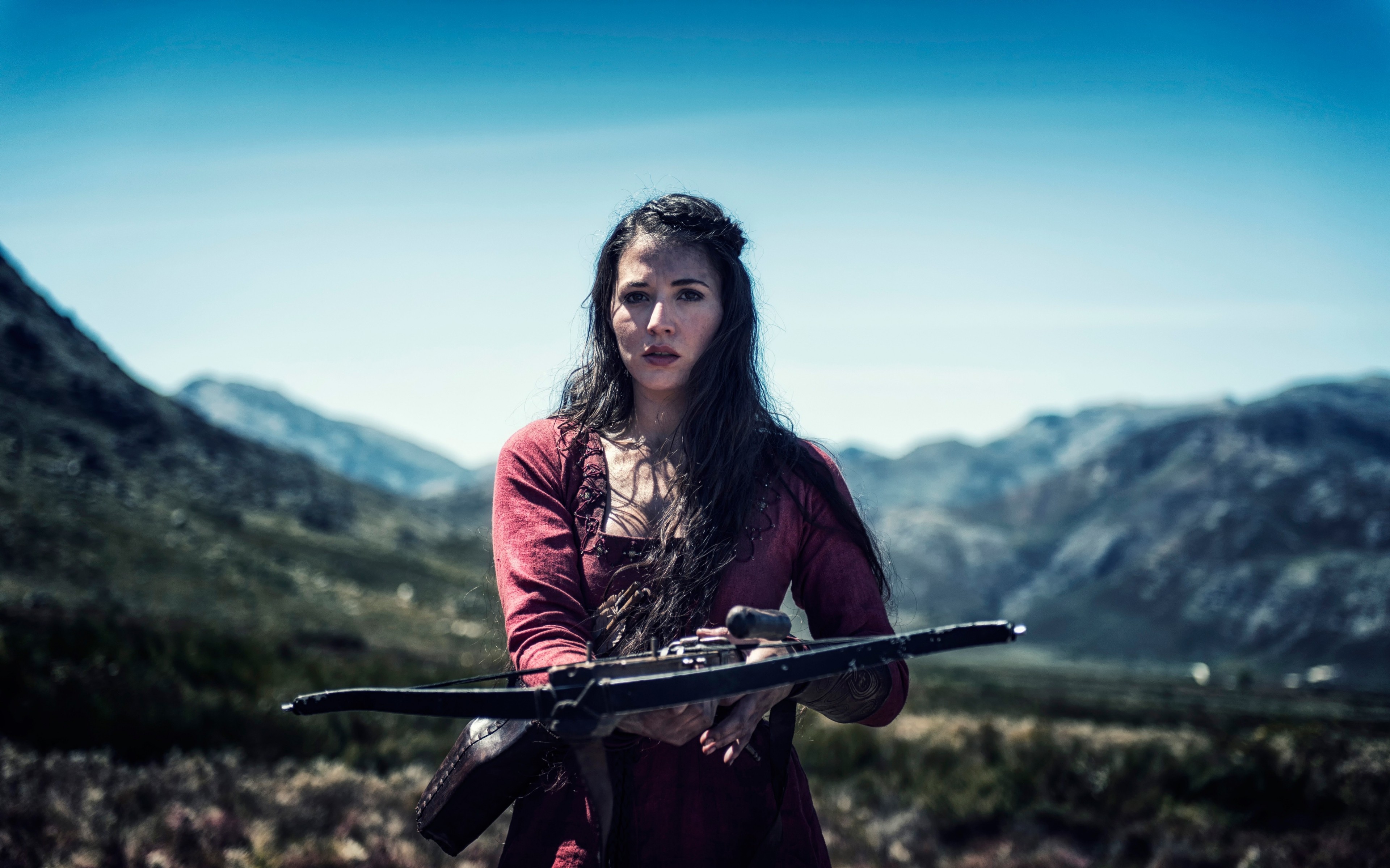 Crossbow Actress Movie Scenes Brunette Long Hair Red Dress Women Outdoors 3840x2400