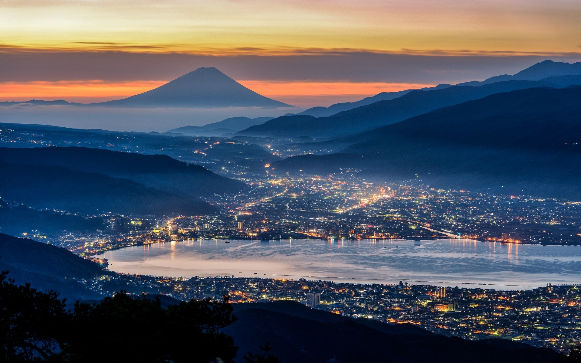 Nature Landscape Cityscape Mist Japan Mountains Clouds Mount Fuji Evening City Ports Lights Valley S 1920x1200