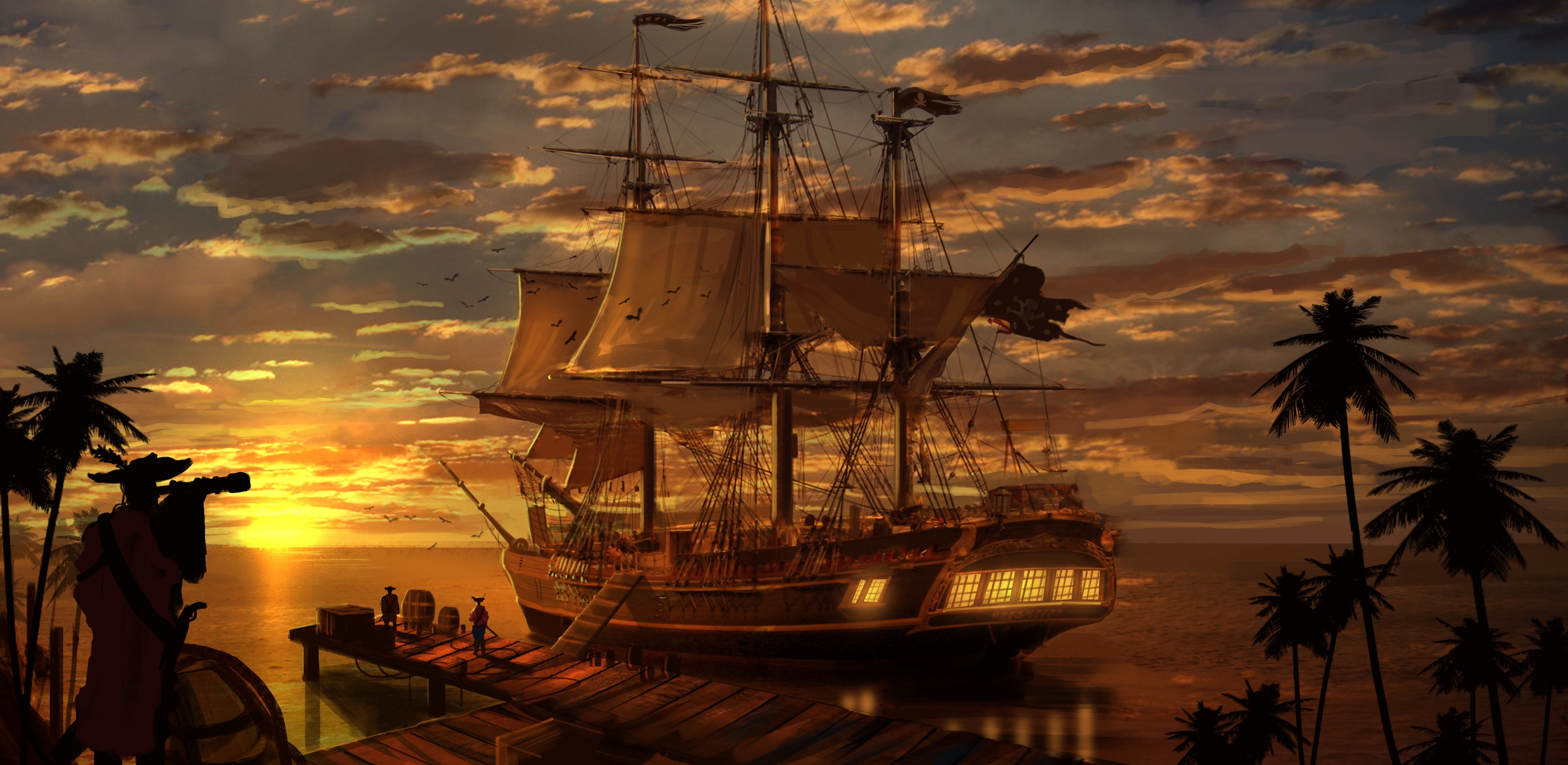 Ship Pirate Ship Pirate Pier Sunset Palm Tree Dock 4040x1970