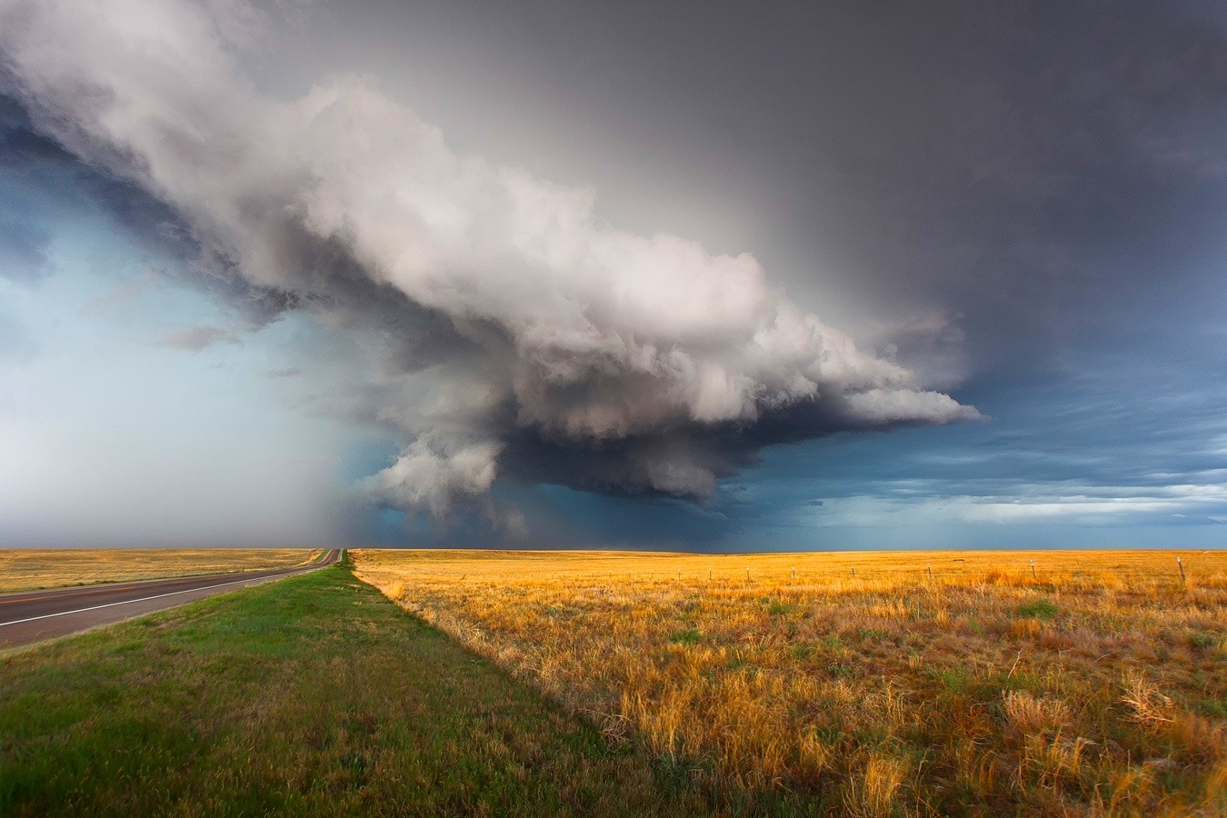 Supercell Nature Field Road Storm Grass Clouds Nature Landscape 1350x900