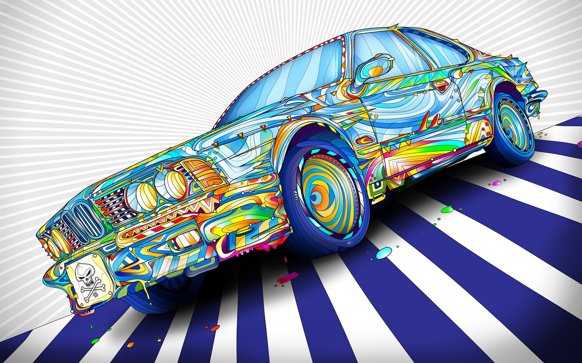 Digital Art Psychedelic Colorful Lines Car BMW Wheels Paint Splatter Skull And Bones Artwork Matei A 1920x1200