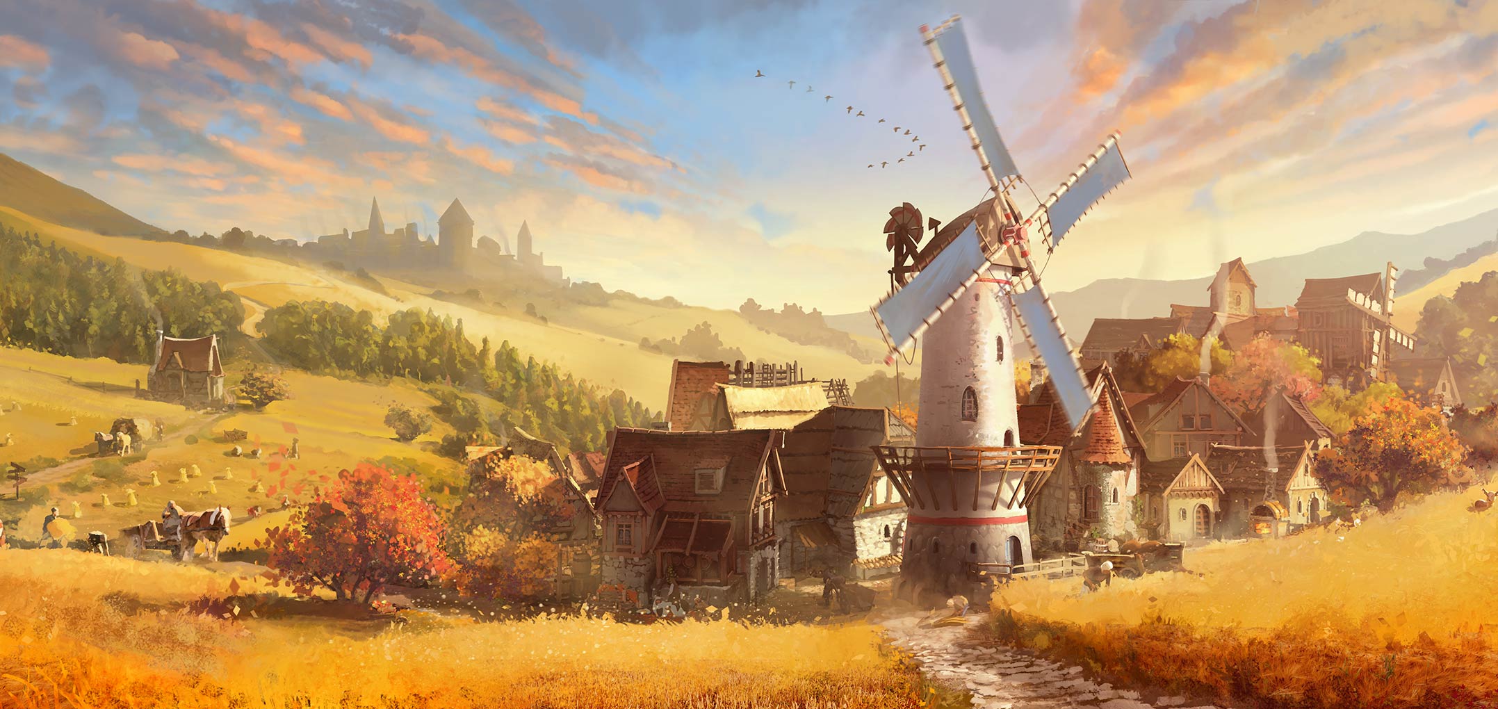 Illustration Video Games Forge Of Empires Building Video Game Art House Windmill Field Landscape Clo 2155x1020