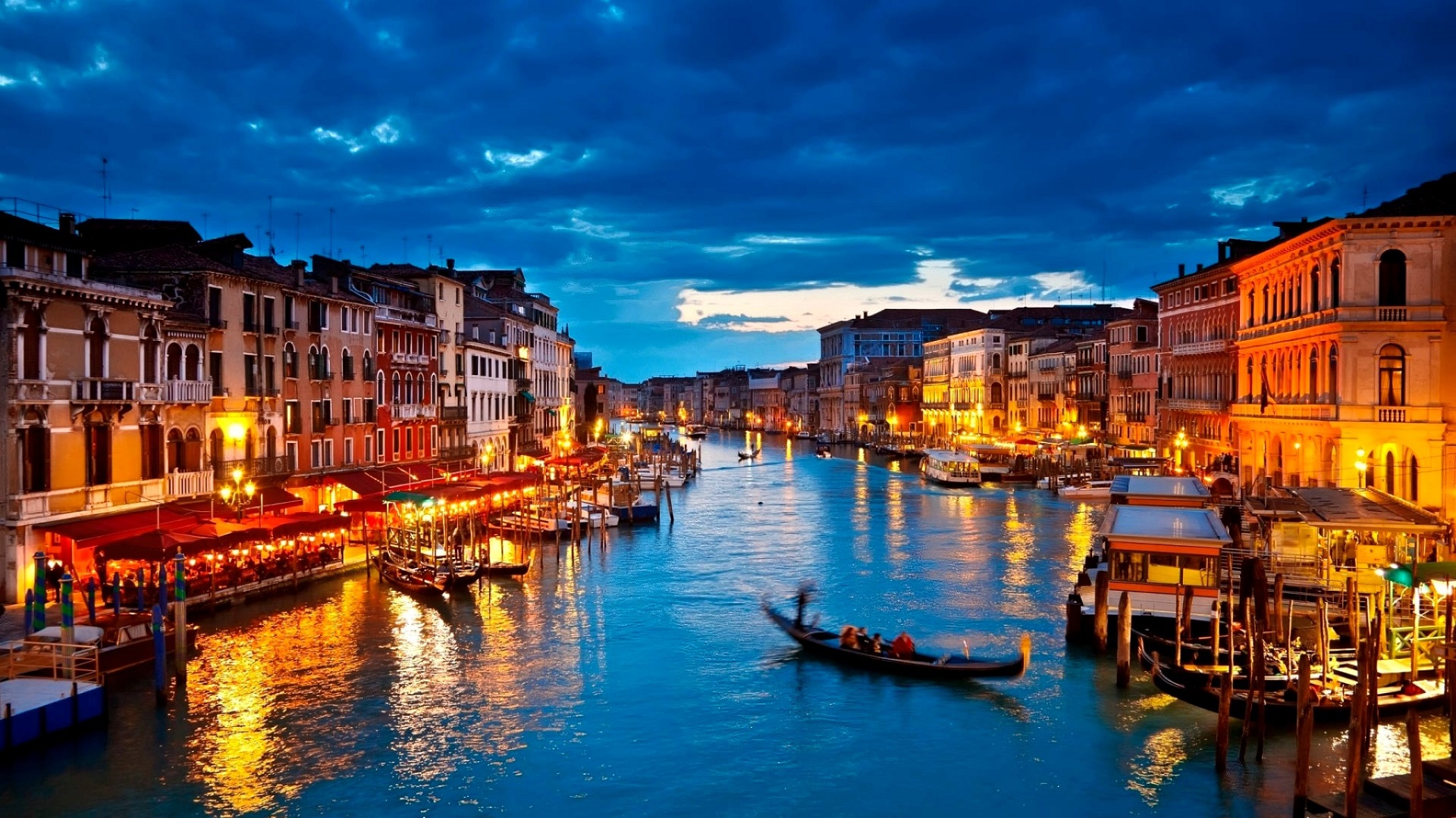 Venice Italy City Night City Lights Gondolas Water River Building 1920x1080