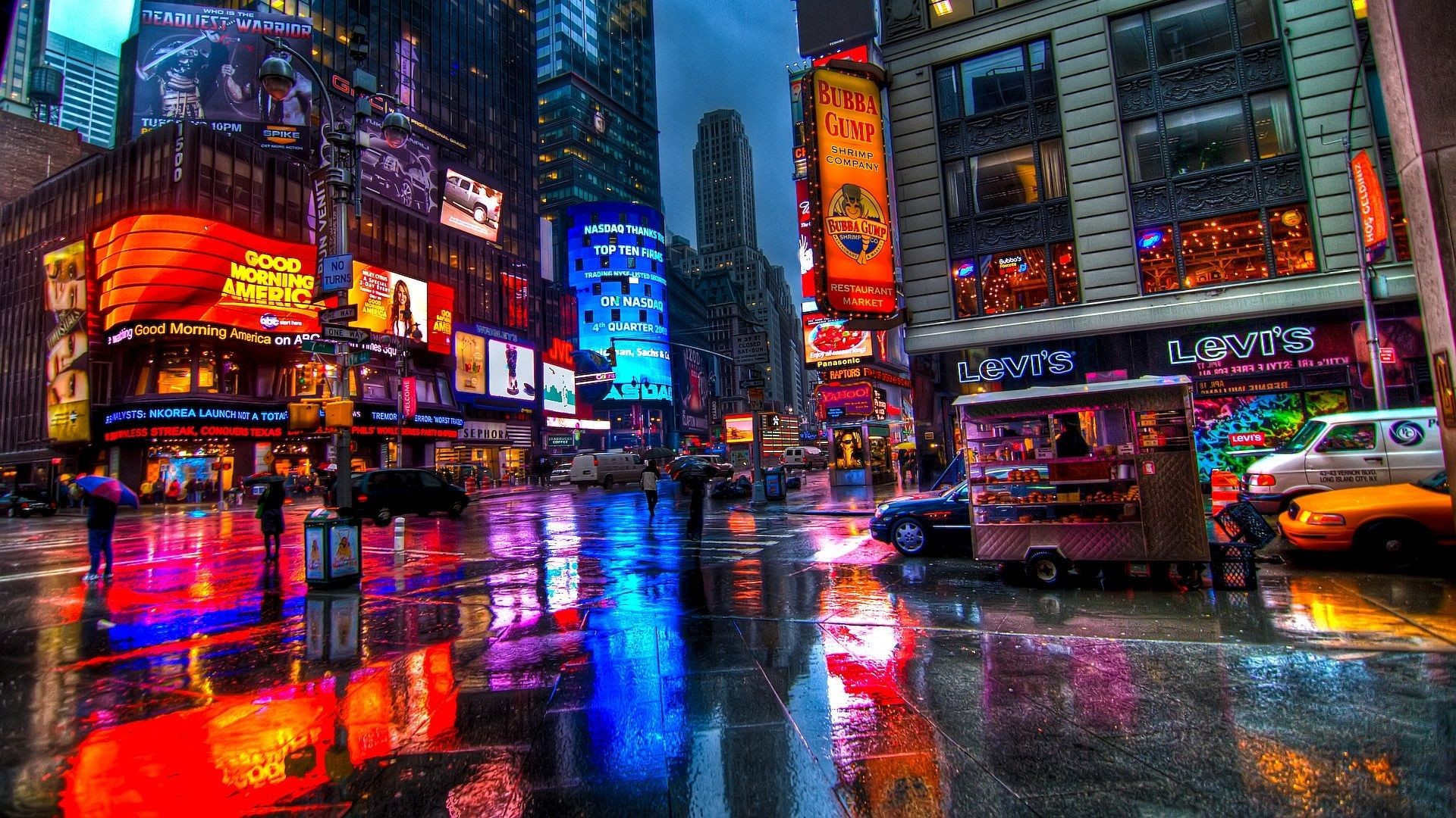 New York City Rain Colorful Lights Car New York Taxi Times Square 1920x1080