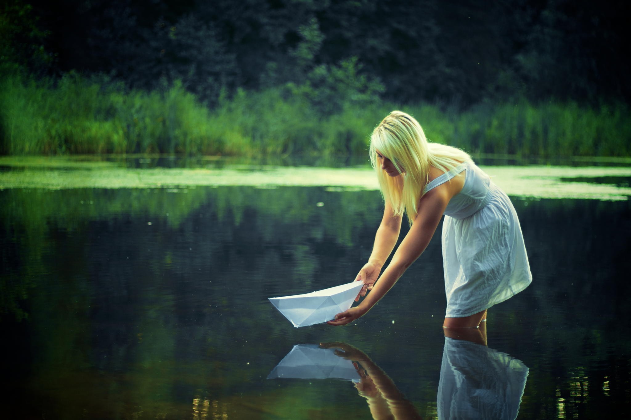 Women Model Blonde Long Hair Women Outdoors Skirt Nature Water Lake Paper Boats Bare Shoulders Trees 2048x1365