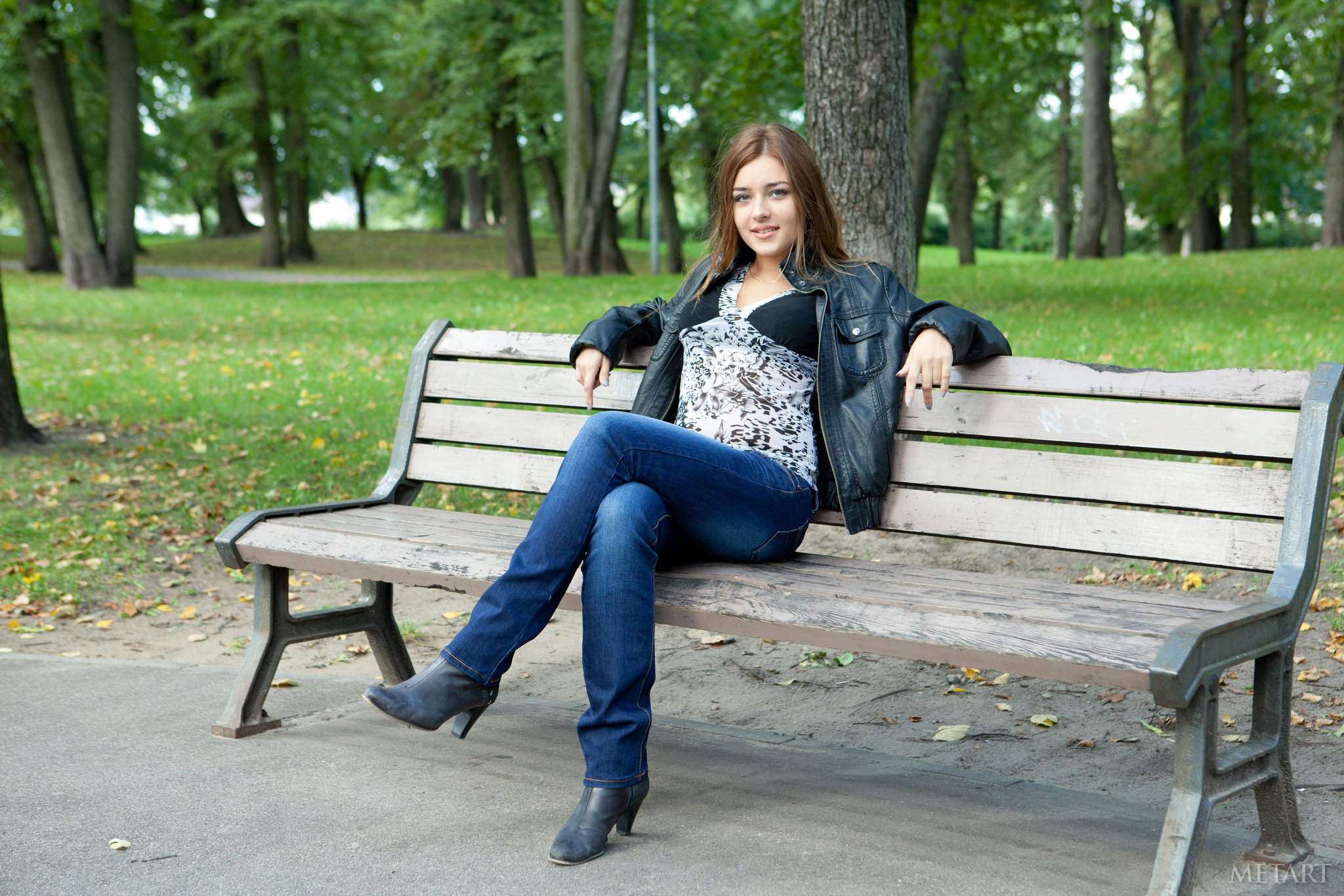Model Women Outdoors Looking At Viewer Sitting Brunette Legs Crossed Bench Park Leather Jackets Blac 2048x1365