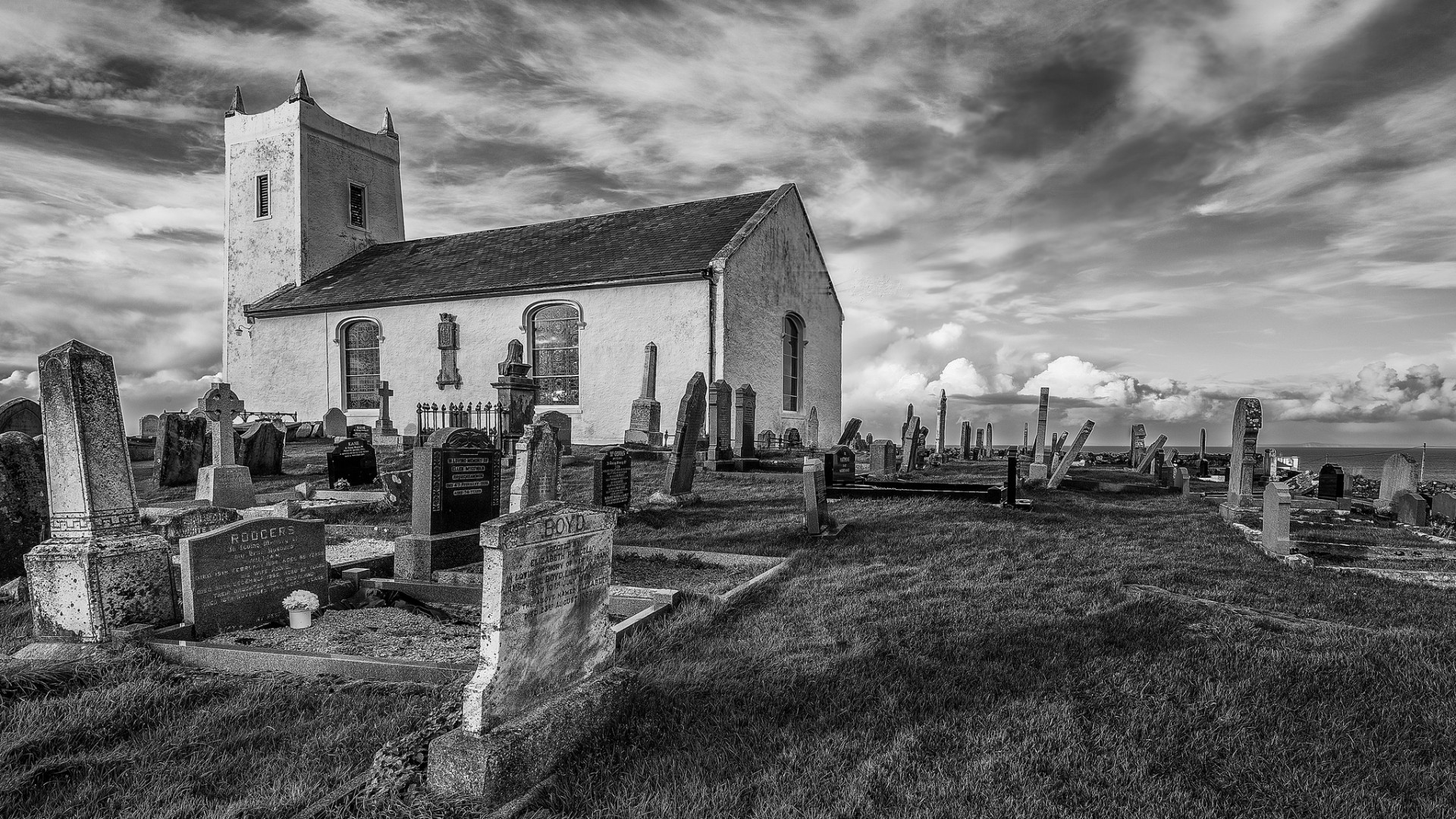 Architecture Monochrome Grass Clouds Church Cemetery Grave England UK Cross HDR Old 1920x1080