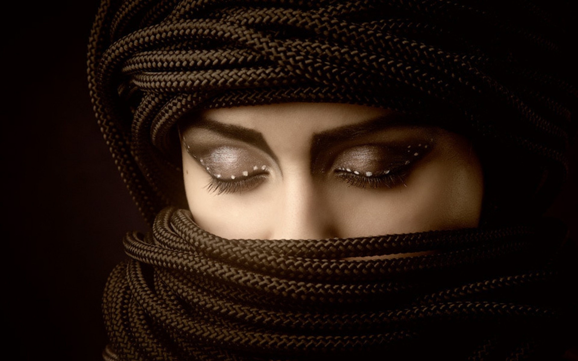 Women Covering Face Closed Eyes Portrait Model Ropes 1920x1200