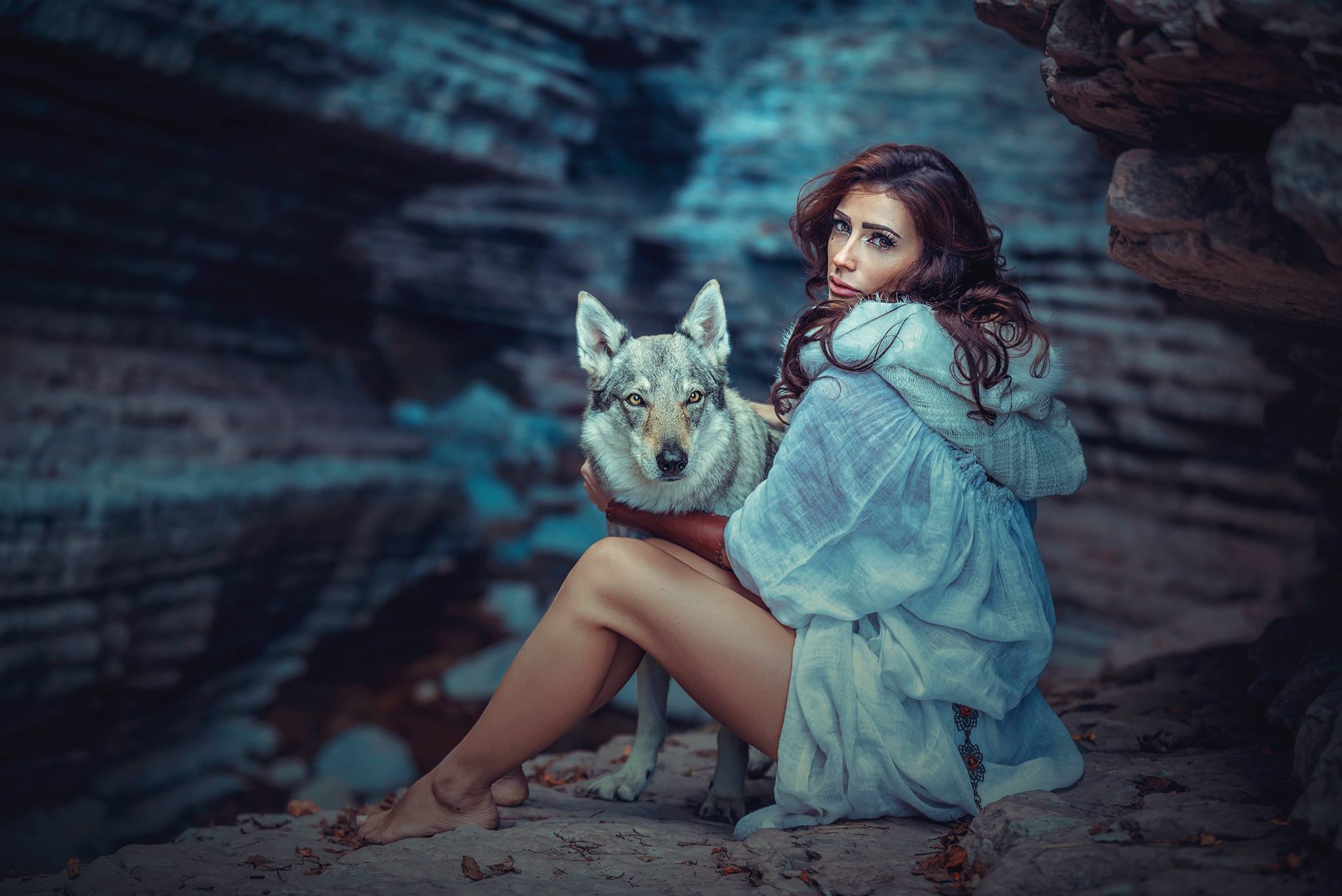 Women Model Brunette Legs Feet Wolf Cave Hips Sitting Dog 2048x1367