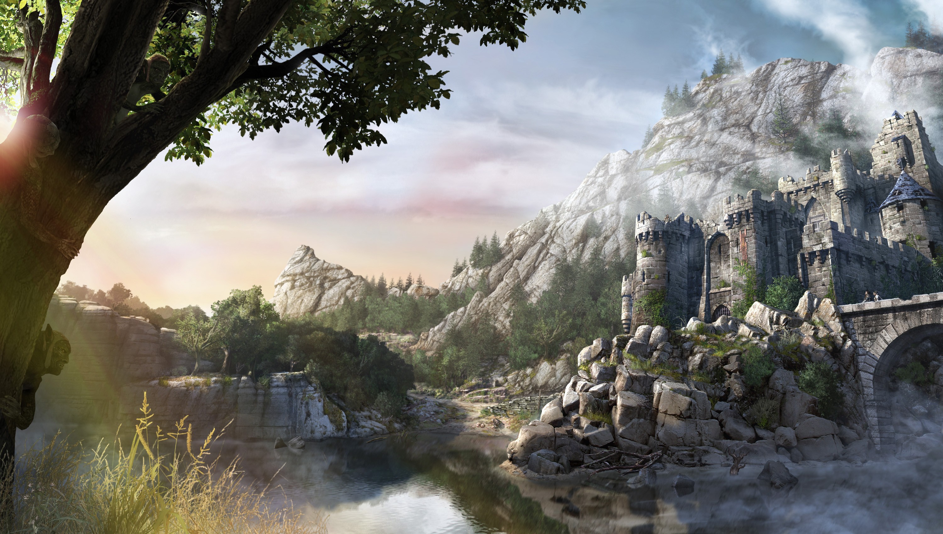 Artwork Fortress Lake Mountains Fantasy Art Concept Art Gothic 4 3000x1700