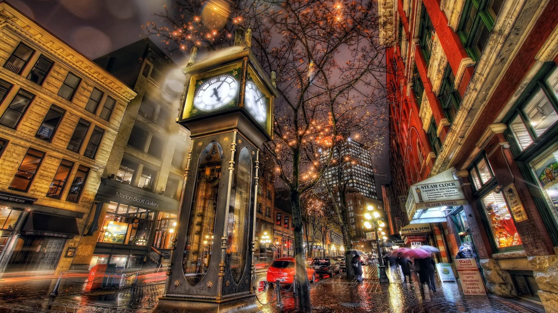 Clocks HDR Street Vancouver Street Light Winter People 1920x1080