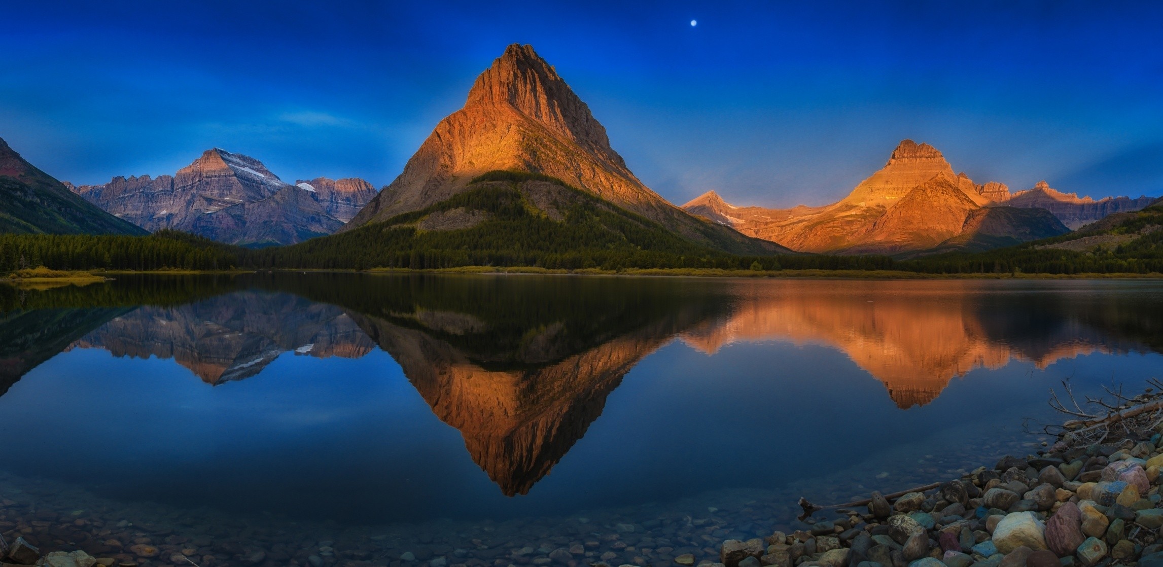 Lake Mountains Reflection Moon Forest Summer Blue Water Stones Glacier National Park Montana Nature  2293x1118