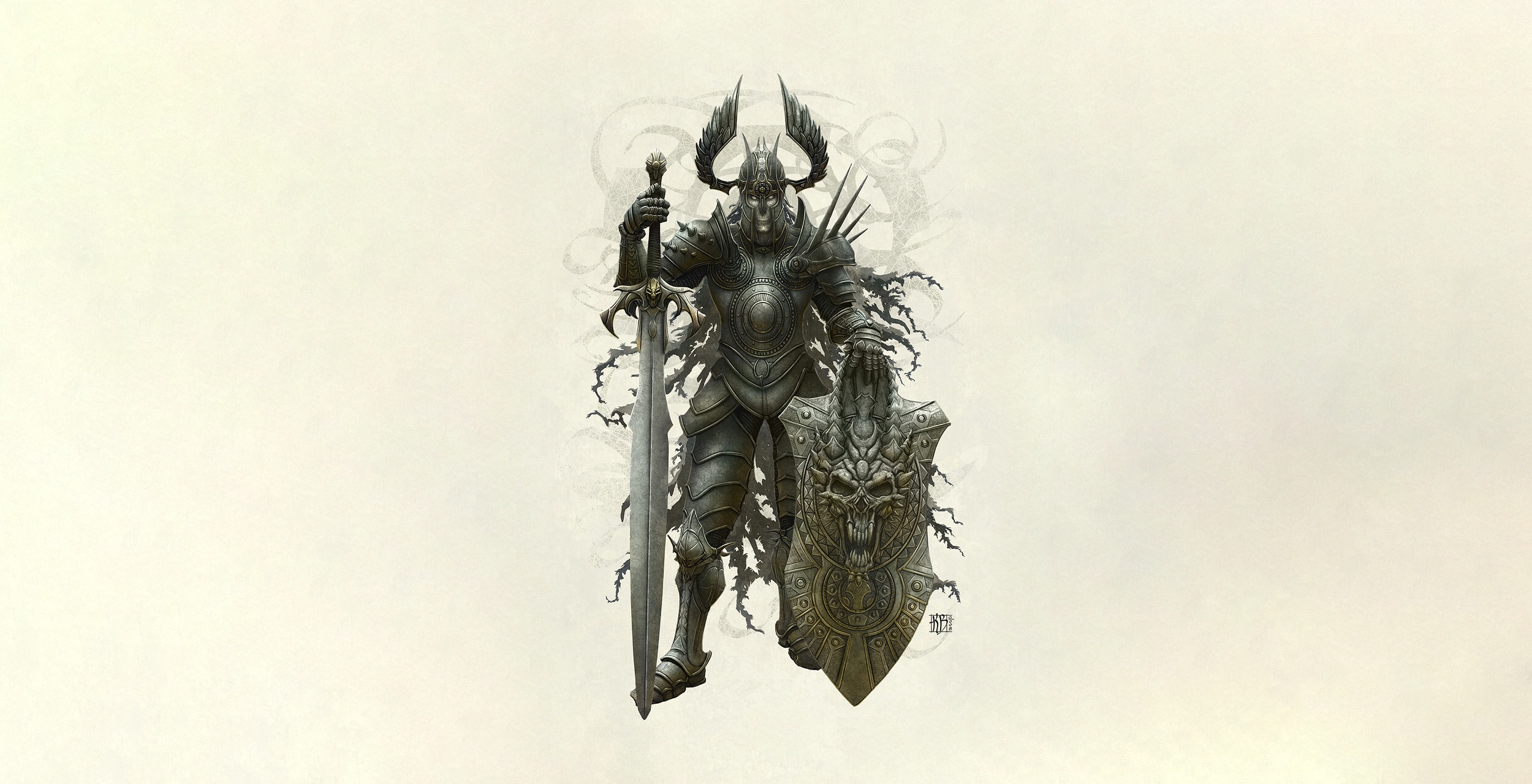 Simple Background White Background Knight Sword Shield Skull Armored Fantasy Art Artwork Kerem Beyit 2500x1280