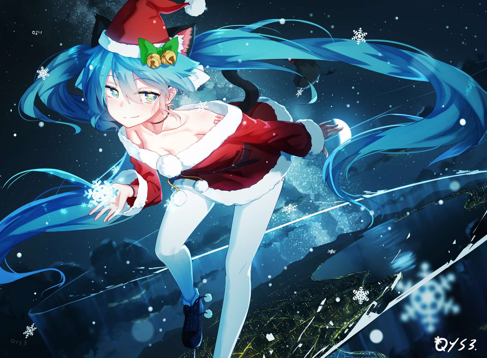 Christmas Aqua Hair Santa Hats Santa Costume Long Hair Vocaloid Hatsune Miku Bell Bow Building Cat G 1650x1214