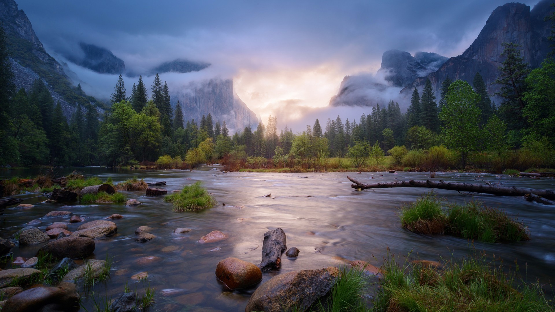 Nature Landscape Mountains Trees Forest Water Clouds Reflection California USA Yosemite National Par 1920x1080