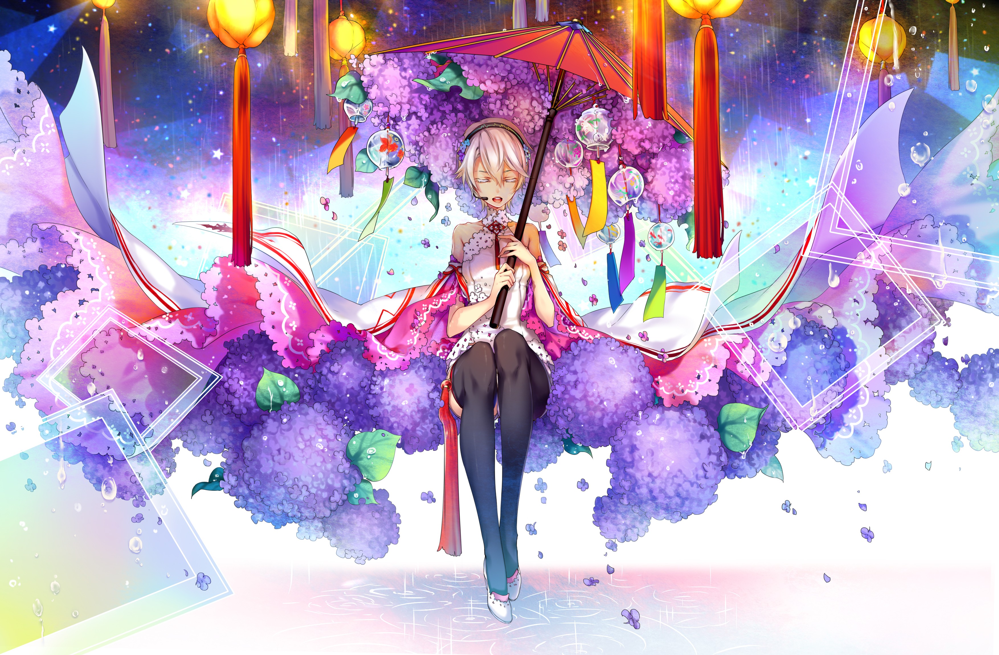 Anime Anime Girls Vocaloid Vocaloid China Flowers Headphones Rain Short Hair Umbrella Water Yan He 3507x2300
