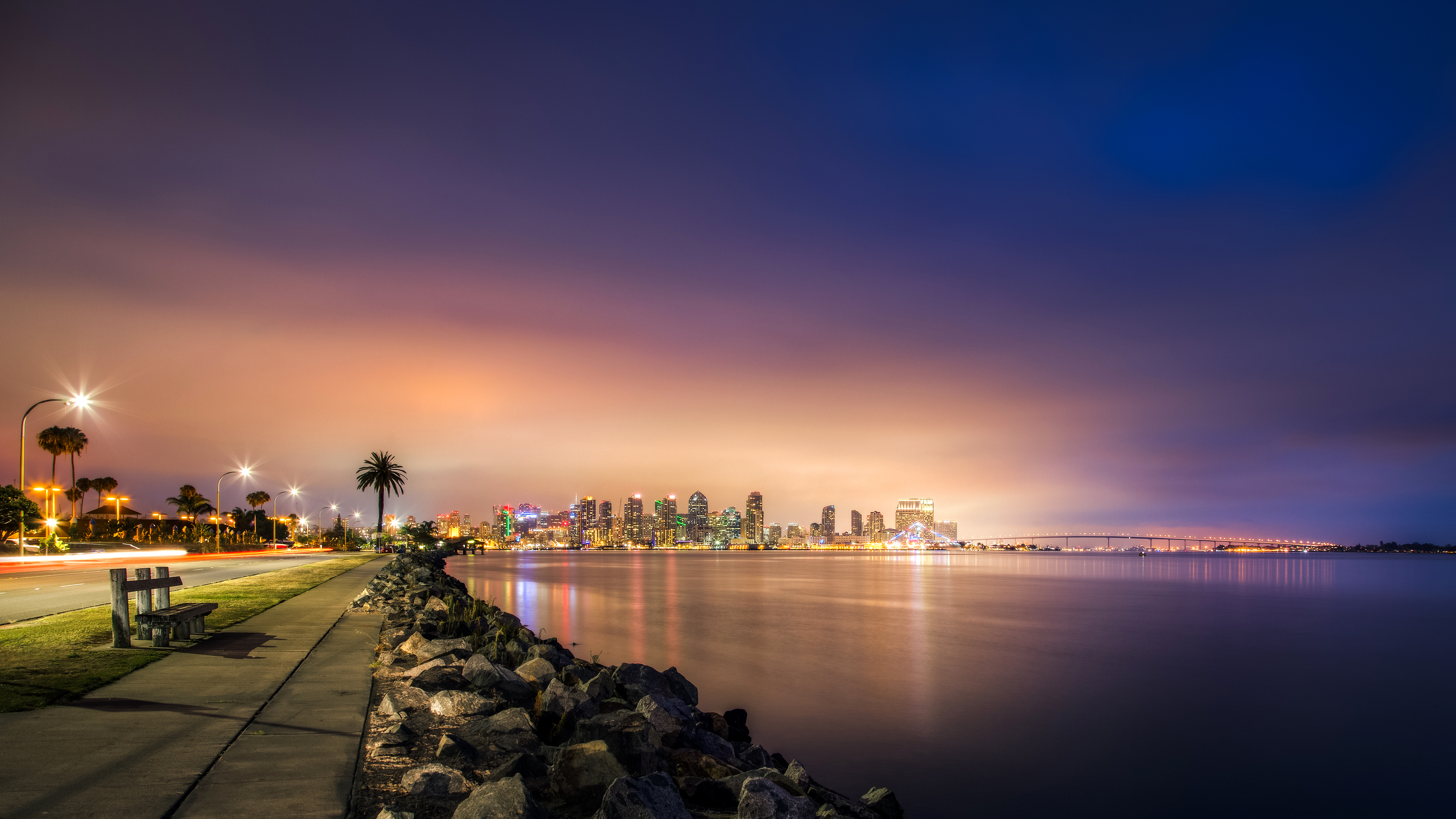 USA San Diego City Night Light Ocean Bridge 4000x2250
