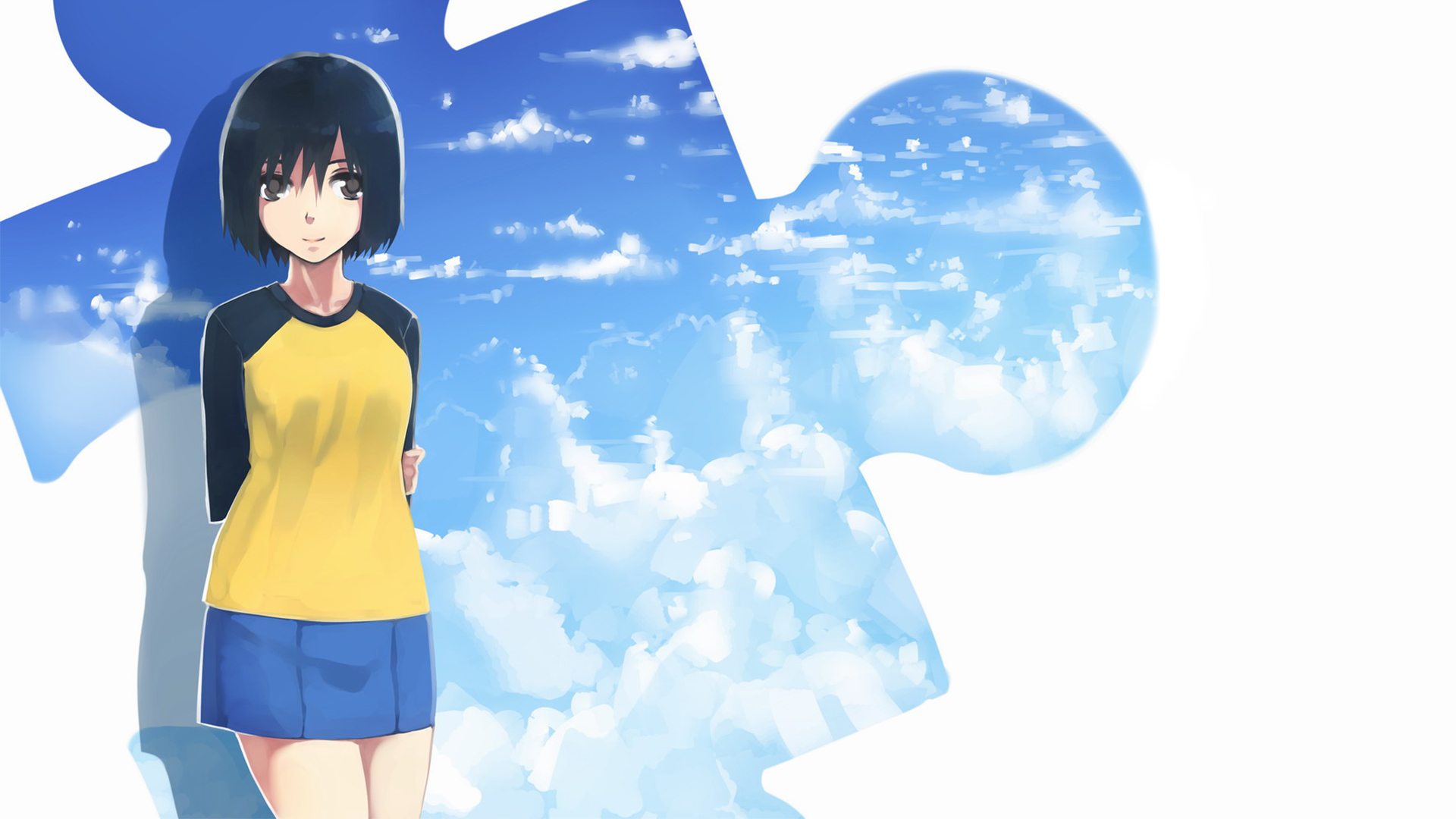 Anime Anime Girls NHK Ni Youkoso Short Hair Brunette White Background Clouds Sky Artwork 1920x1080
