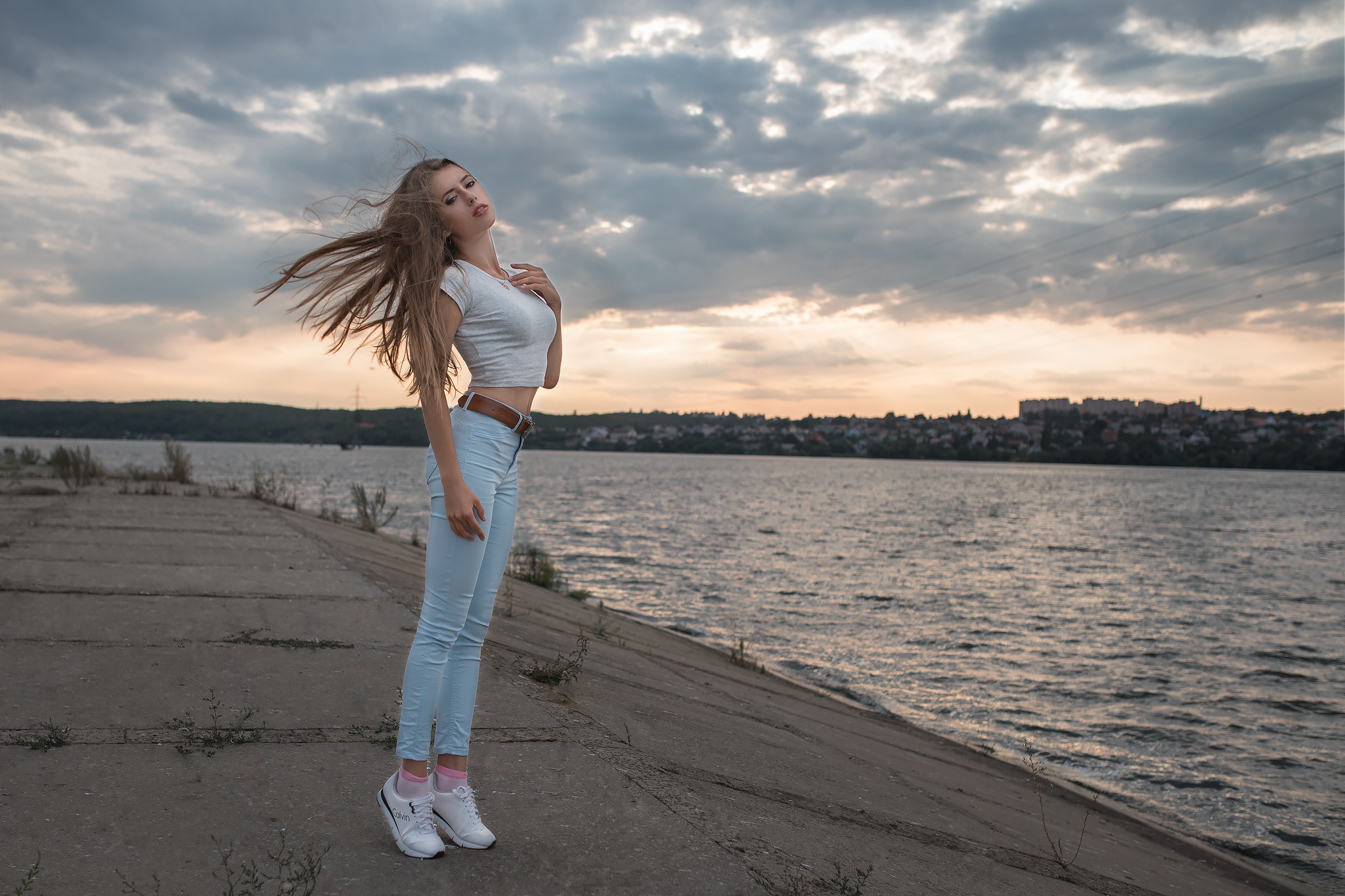 Women Sky Women Outdoors Water Blonde Jeans Long Hair Viktoria Babkina Victoria Dmitry Sn Dmitry Shu 2048x1365