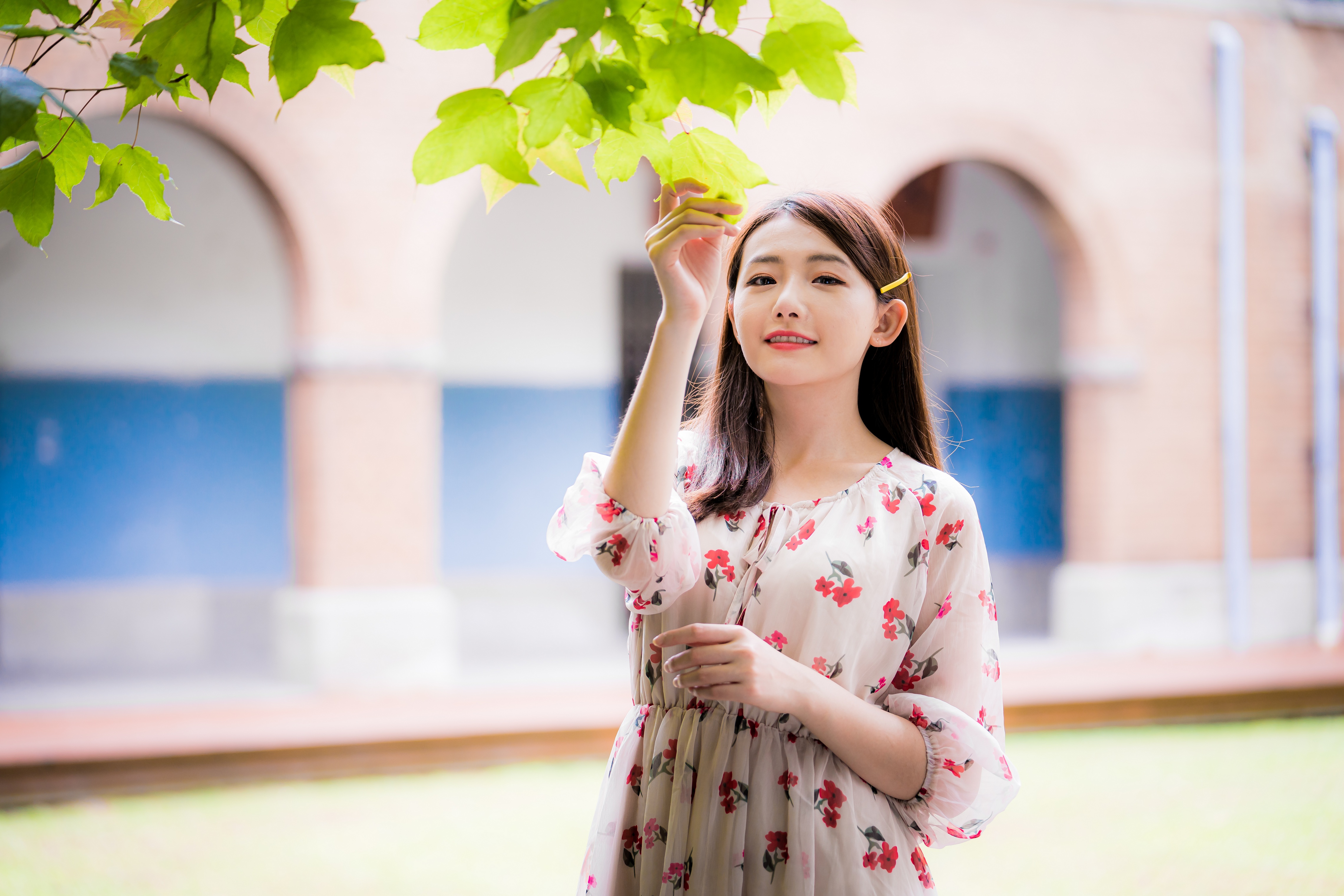 Asian Model Women Long Hair Brunette Depth Of Field Building Leaves Flower Dress Looking At Viewer H 4562x3043