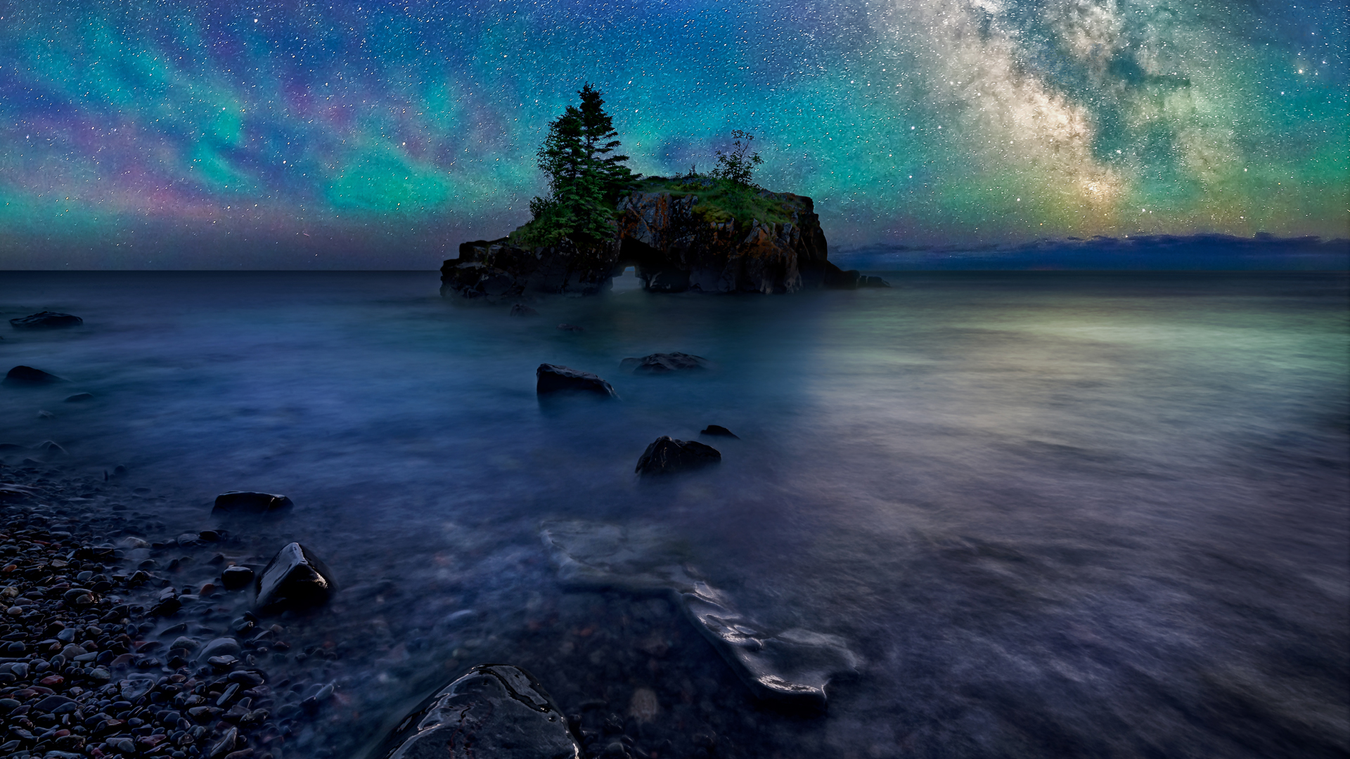 Nature Landscape Far View Stars Sky Rocks Galaxy Trees Plants Coast Night Aurorae Horizon Milky Way  1920x1080