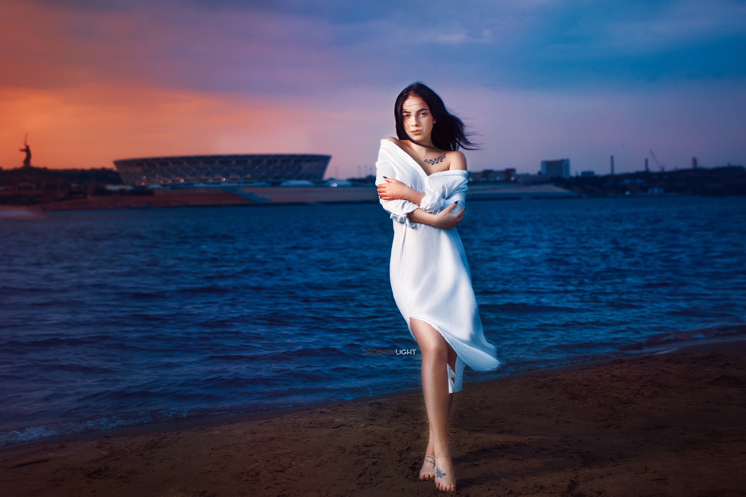 Women Water Women Outdoors Alexander Drobkov White Dress Tattoo Bare Shoulders Sunset Barefoot Windy 2560x1707