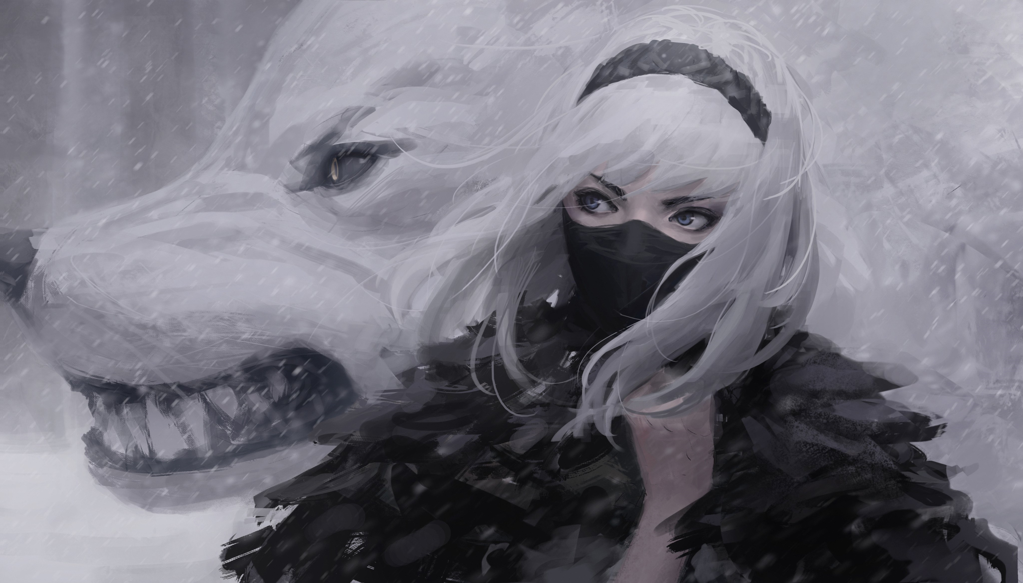 Women Fantasy Girl Wolf White White Hair Headband Windy Snowing Snow Winter Looking Away Mask Creatu 4096x2333