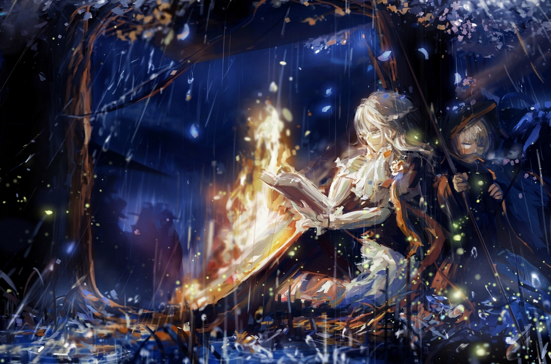 Pixiv Fantasia Fallen Kings Anime Girls Fireplace Books Anime Rain Night 1920x1269