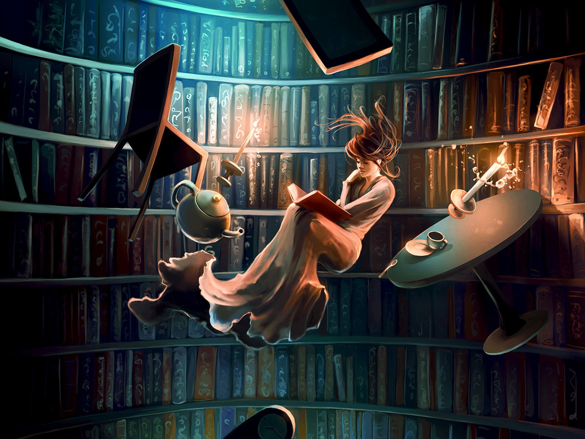 Digital Art Artwork Surreal Floating Books Shelves Chair Table Women Candles Teapot Cup Spoon Painti 2000x1501