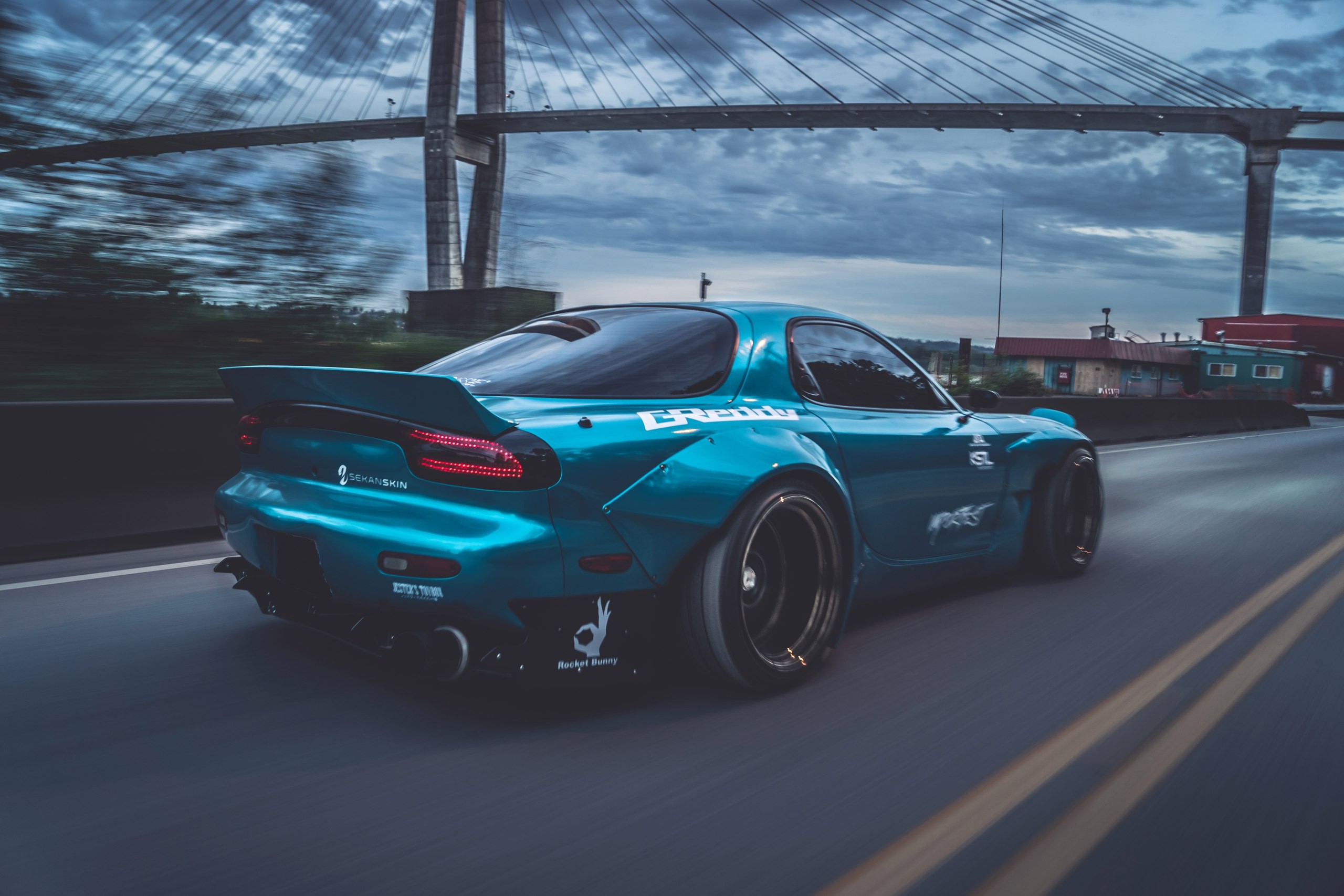 Sports Car Mazda RX 7 Mazda Blue Cars Bridge Rocket Bunny Mazda RX 7 FD Colored Wheels Bolt On Fende 2560x1707