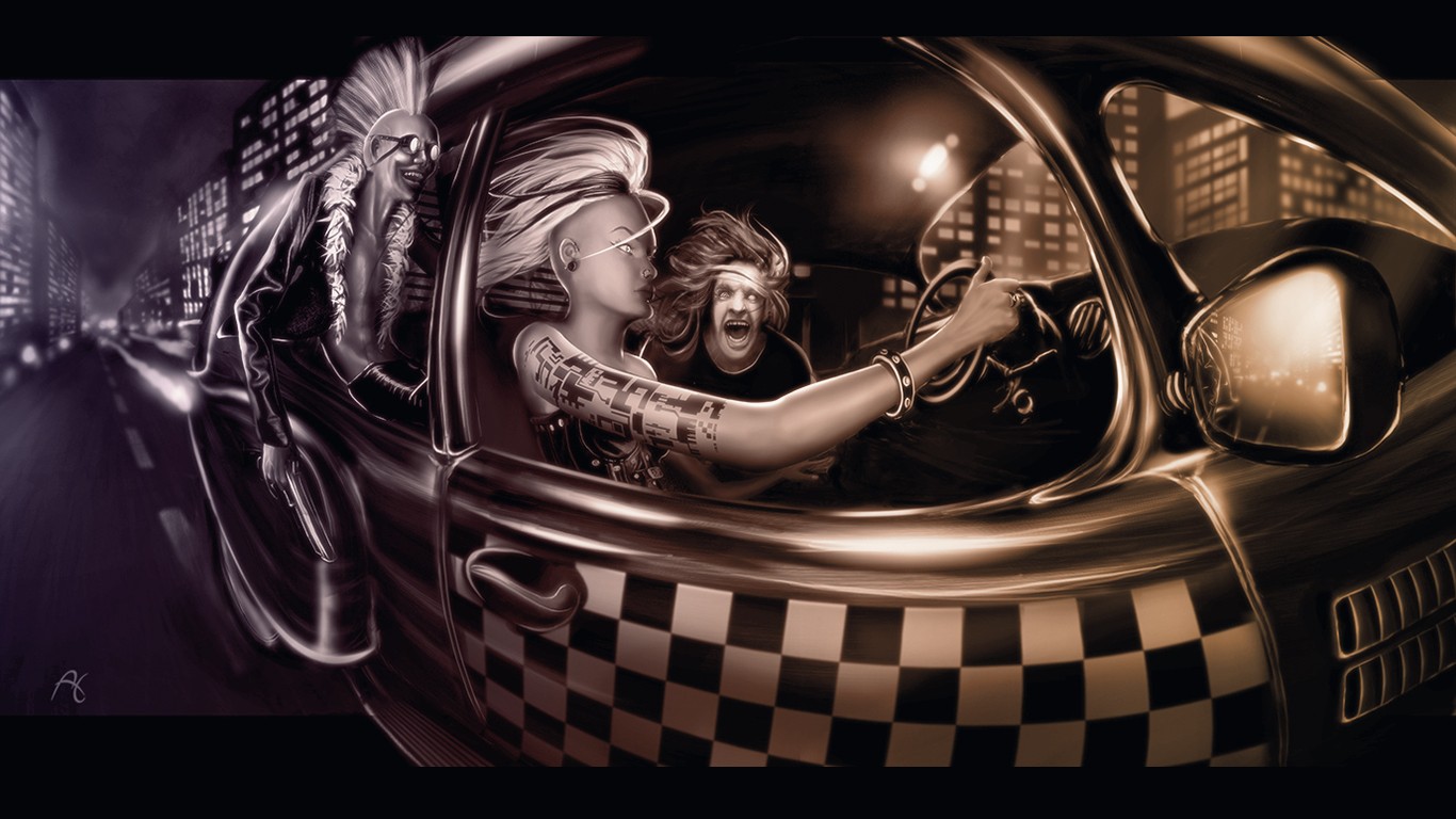 Car Punk Tattoo Rock Checkered Metal Street Light Digital Art Taxi 1366x768