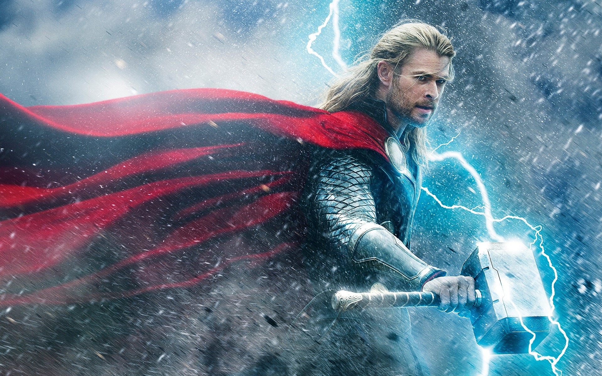 Thor Chris Hemsworth Men Mjolnir Lightning Superhero Marvel Comics Comics Cyan Cape Snowing 1920x1200