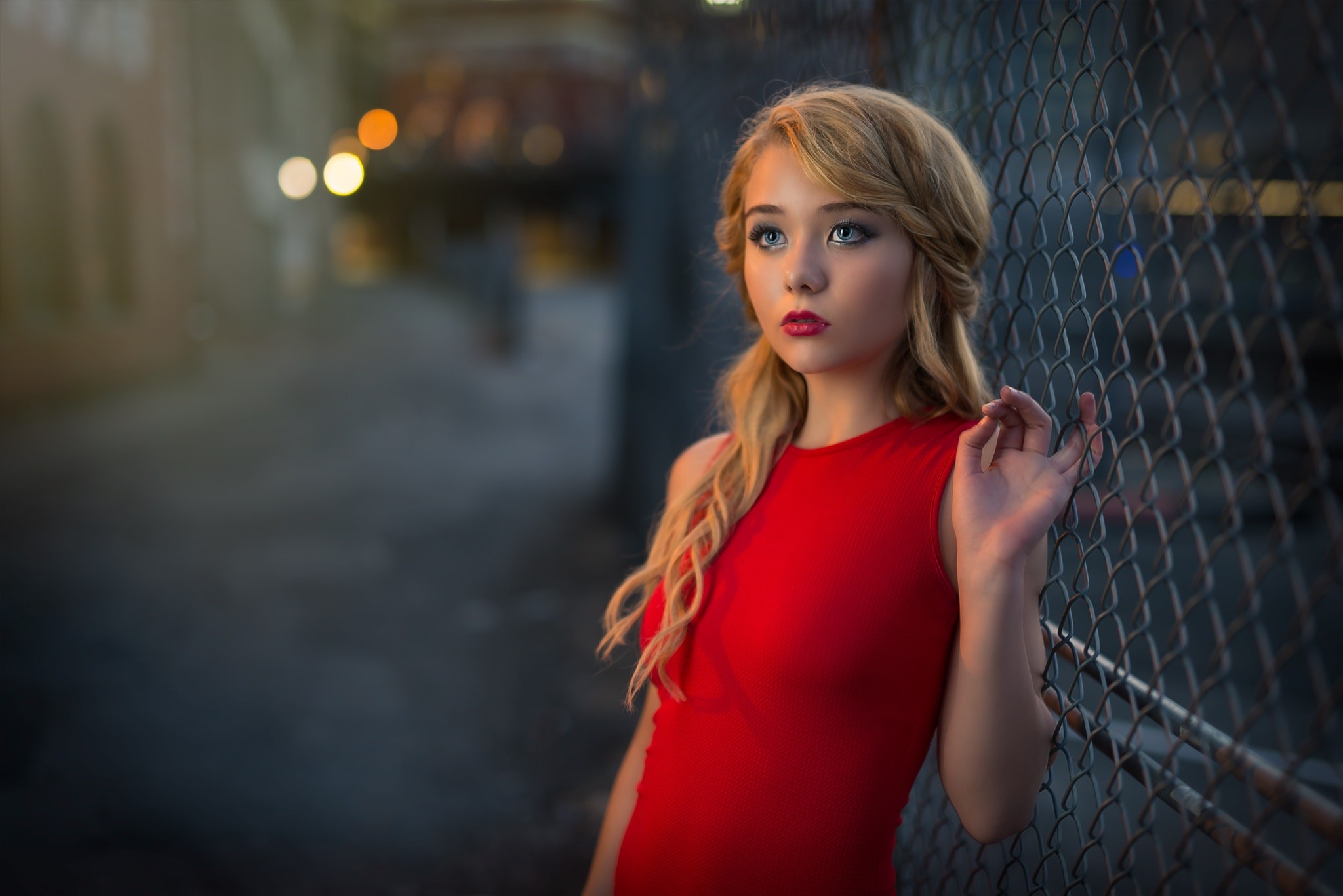 Urban Blonde Fence Women Outdoors Dress Red Dress Kyle Cong 500px Madison Model 2048x1367