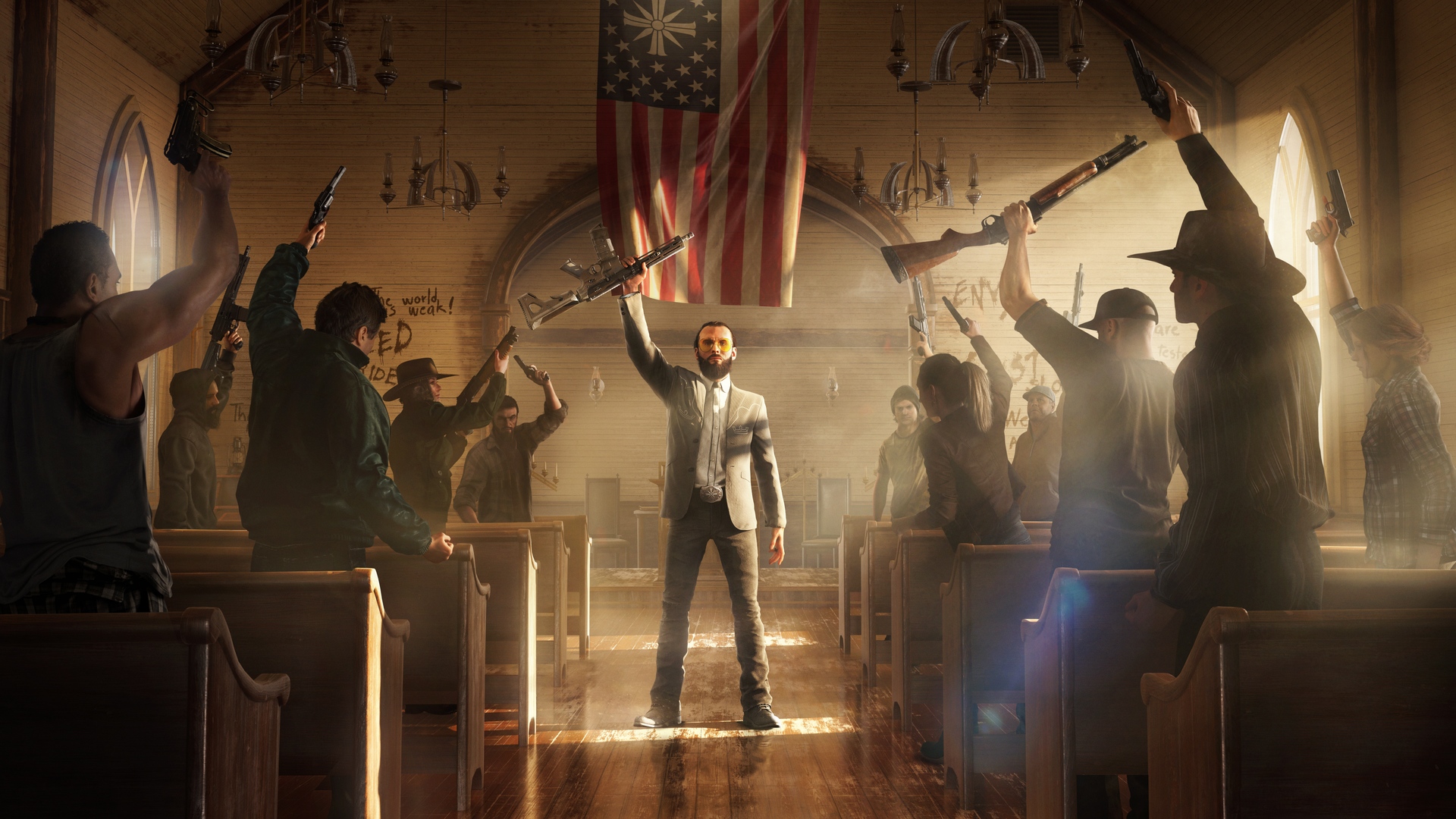 Video Games Far Cry 5 Church Religion USA Gun Far Cry Flag Ubisoft 2018 Year Video Game Villains 1920x1080