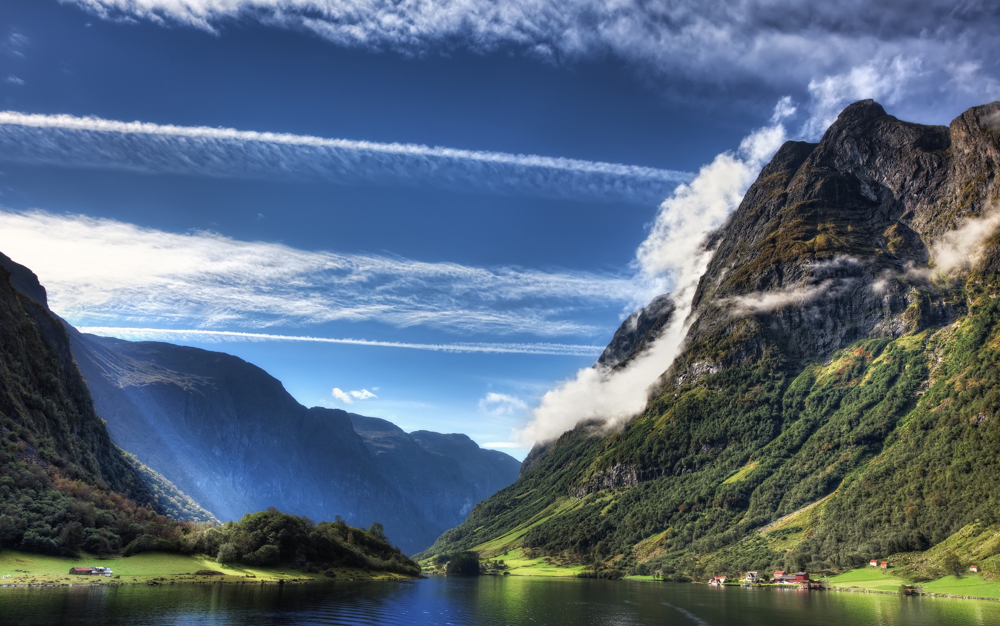 Fjord Norway Mountains Villages Shrubs Cliff Summer Nature Landscape 2048x1282