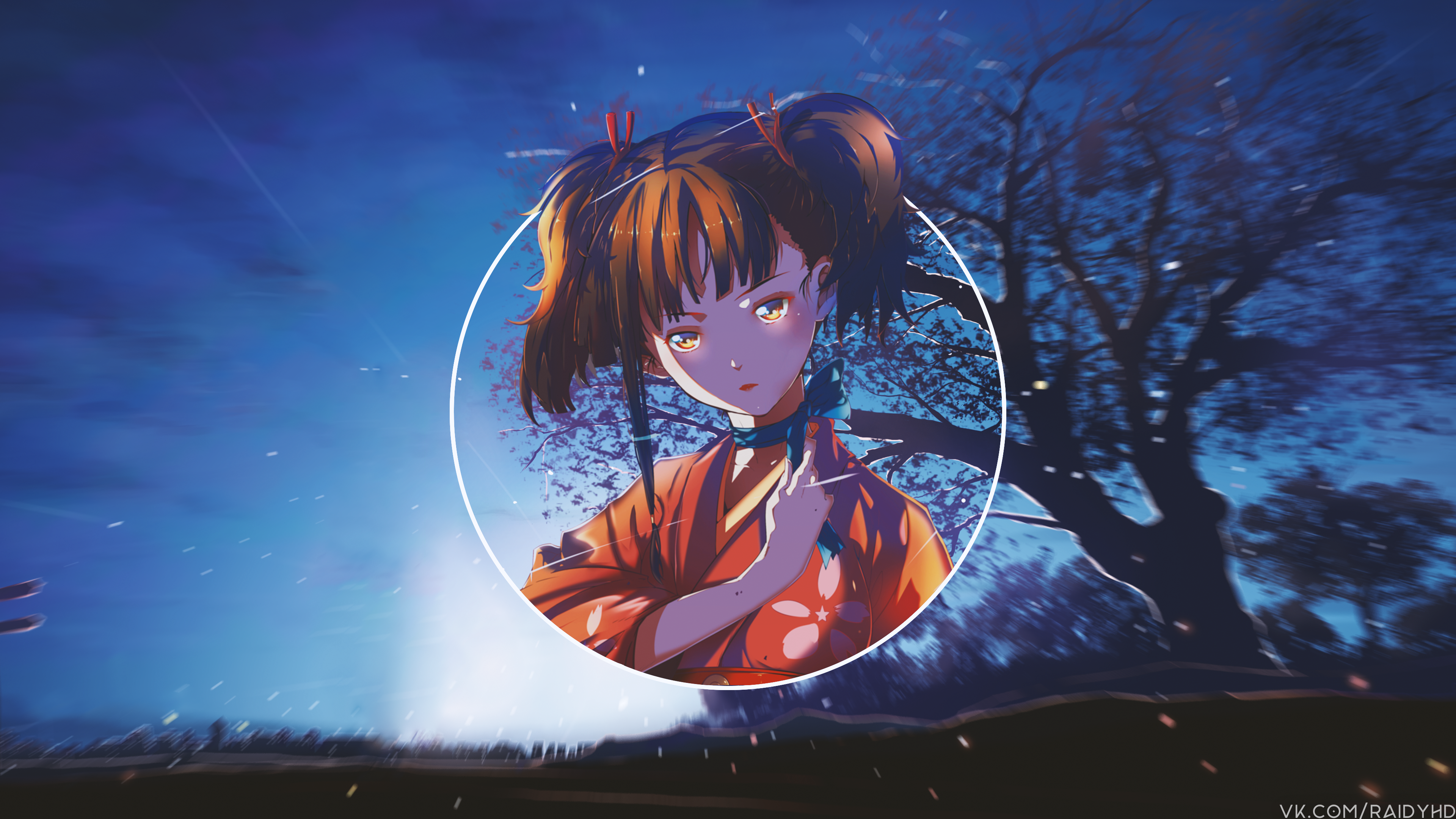 Anime Anime Girls Picture In Picture Night Yellow Eyes Night Sky Trees Mumei Koutetsujou No Kabaneri 3840x2160