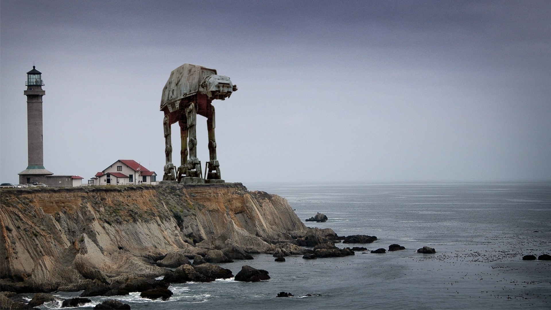 Star Wars AT AT Photo Manipulation Photomontage Sea Lighthouse Imperial Forces 1920x1080