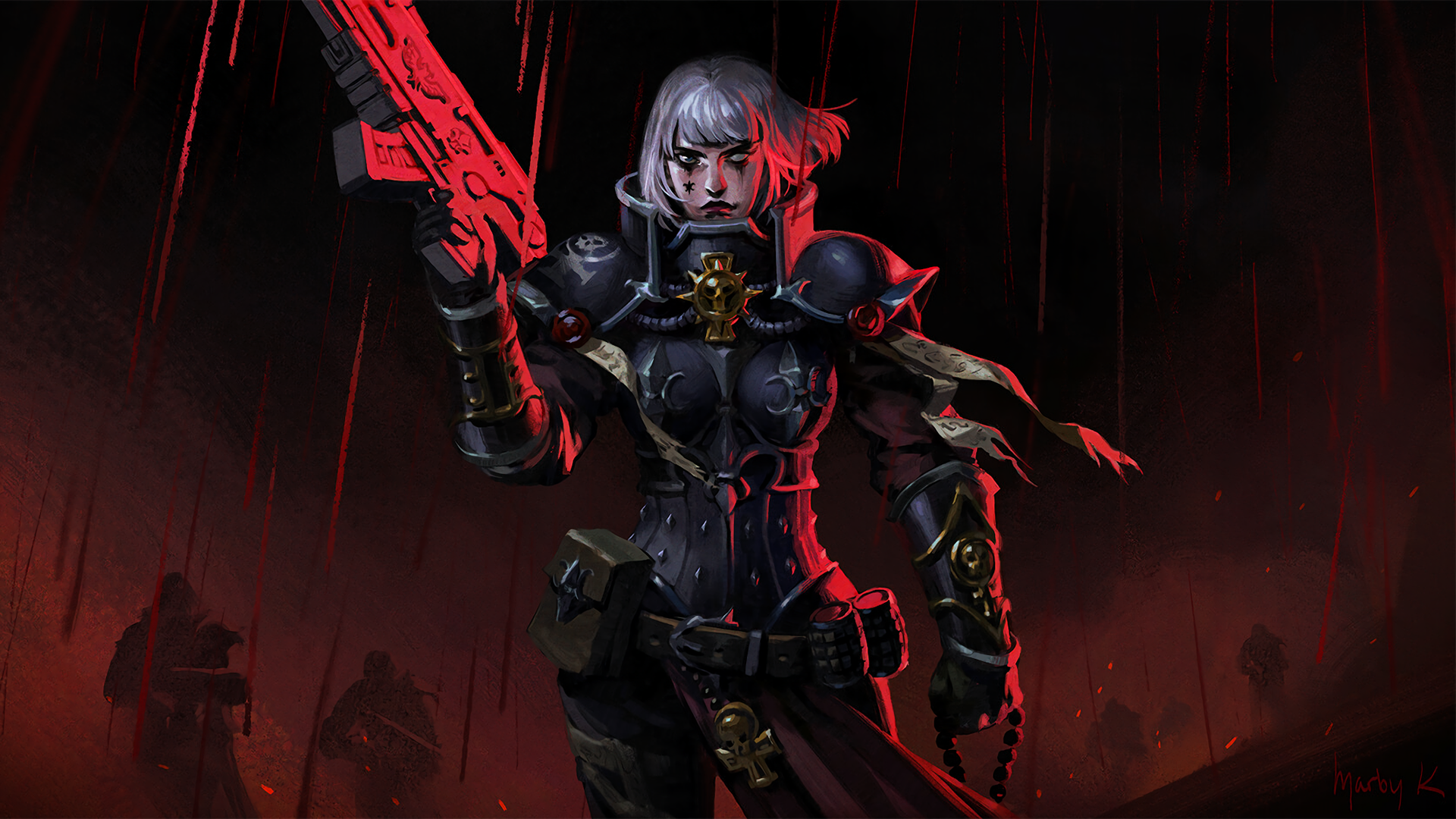 White Hair Gun Weapon Armor Warhammer 40 000 Sisters Of Battle Artwork Frontal View 1920x1080