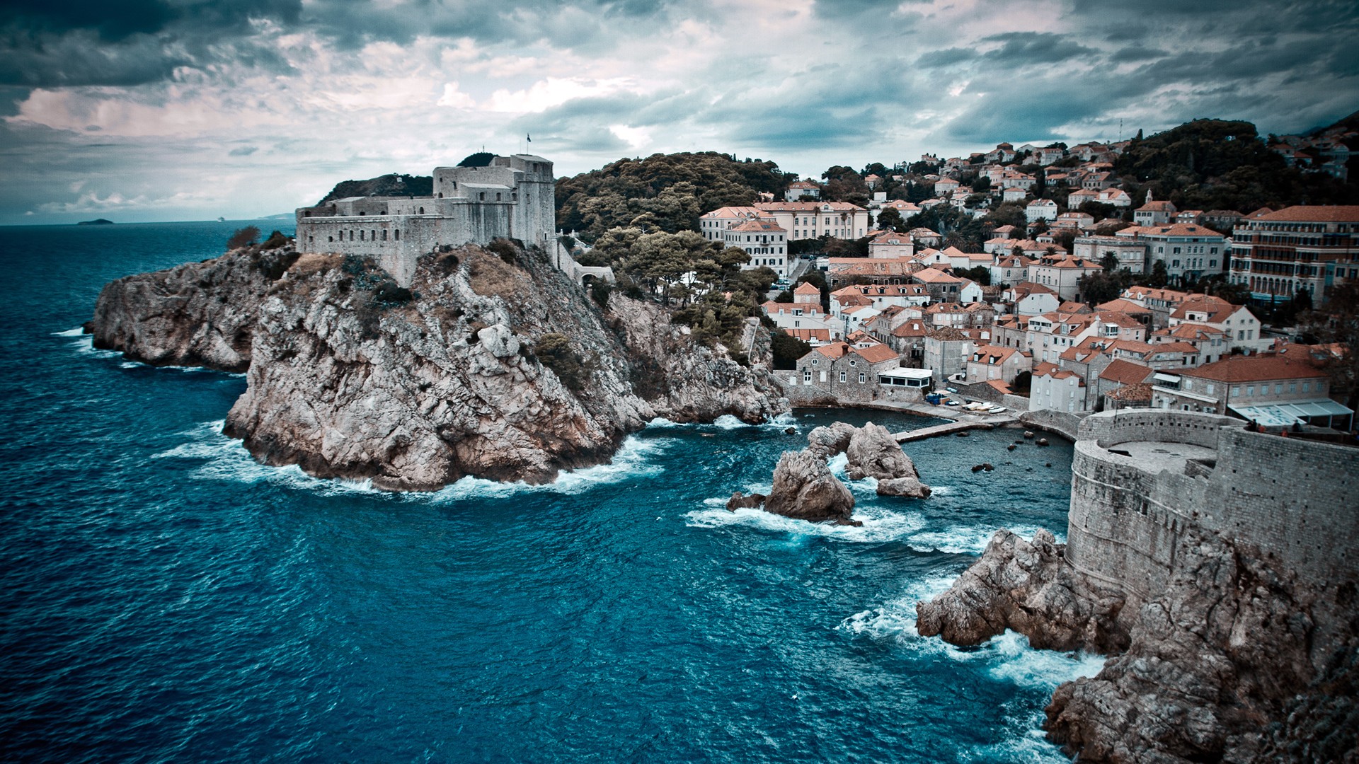 Sea Building Bay Dubrovnik Croatia Nature HDR Clouds Waves Cliff Gray Rock 1920x1080