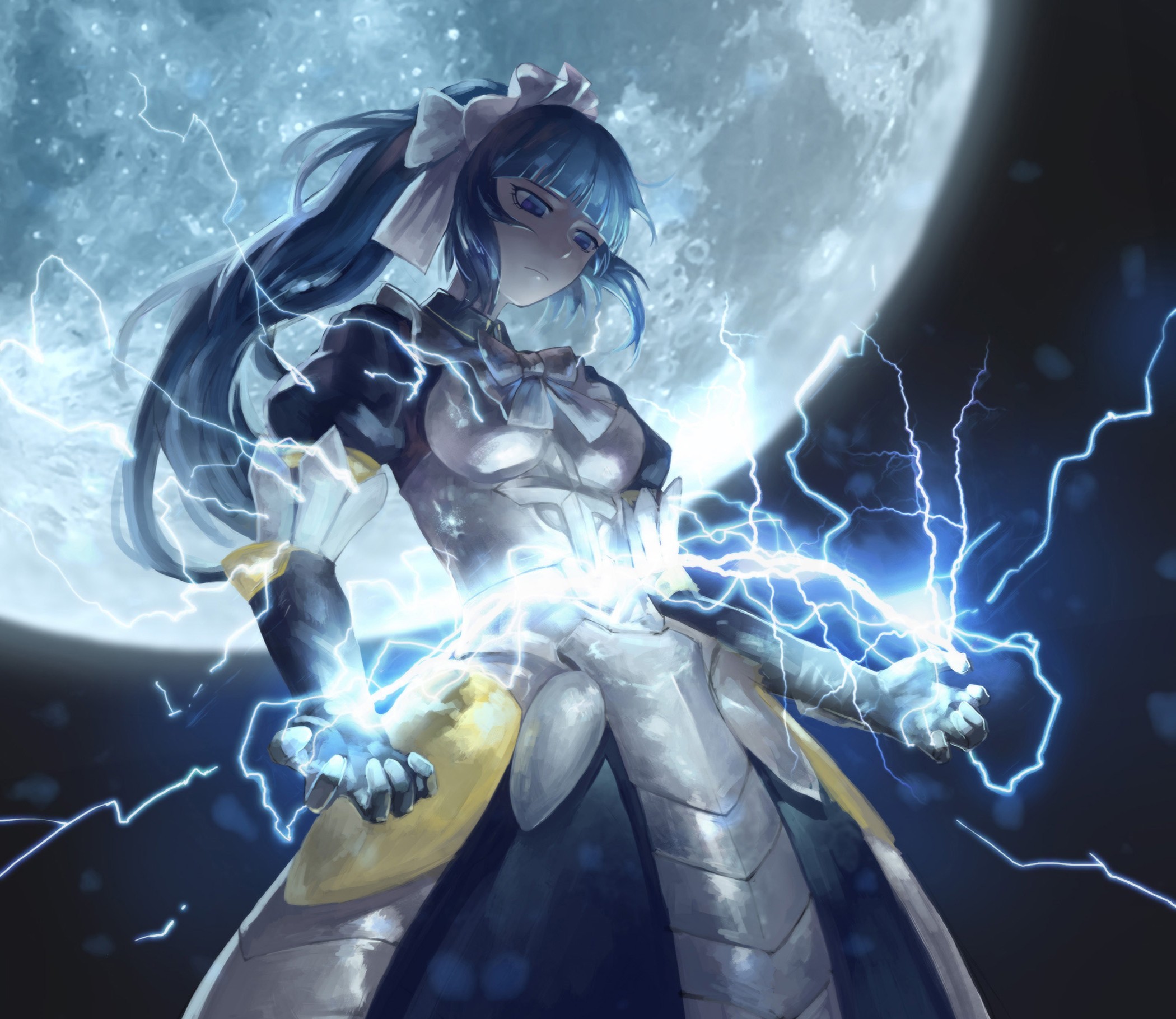 Overlord Anime Gamma Narberal Thunderbolt Moon Blue Eyes Anime Anime Girls Blue Hair Space 2100x1820