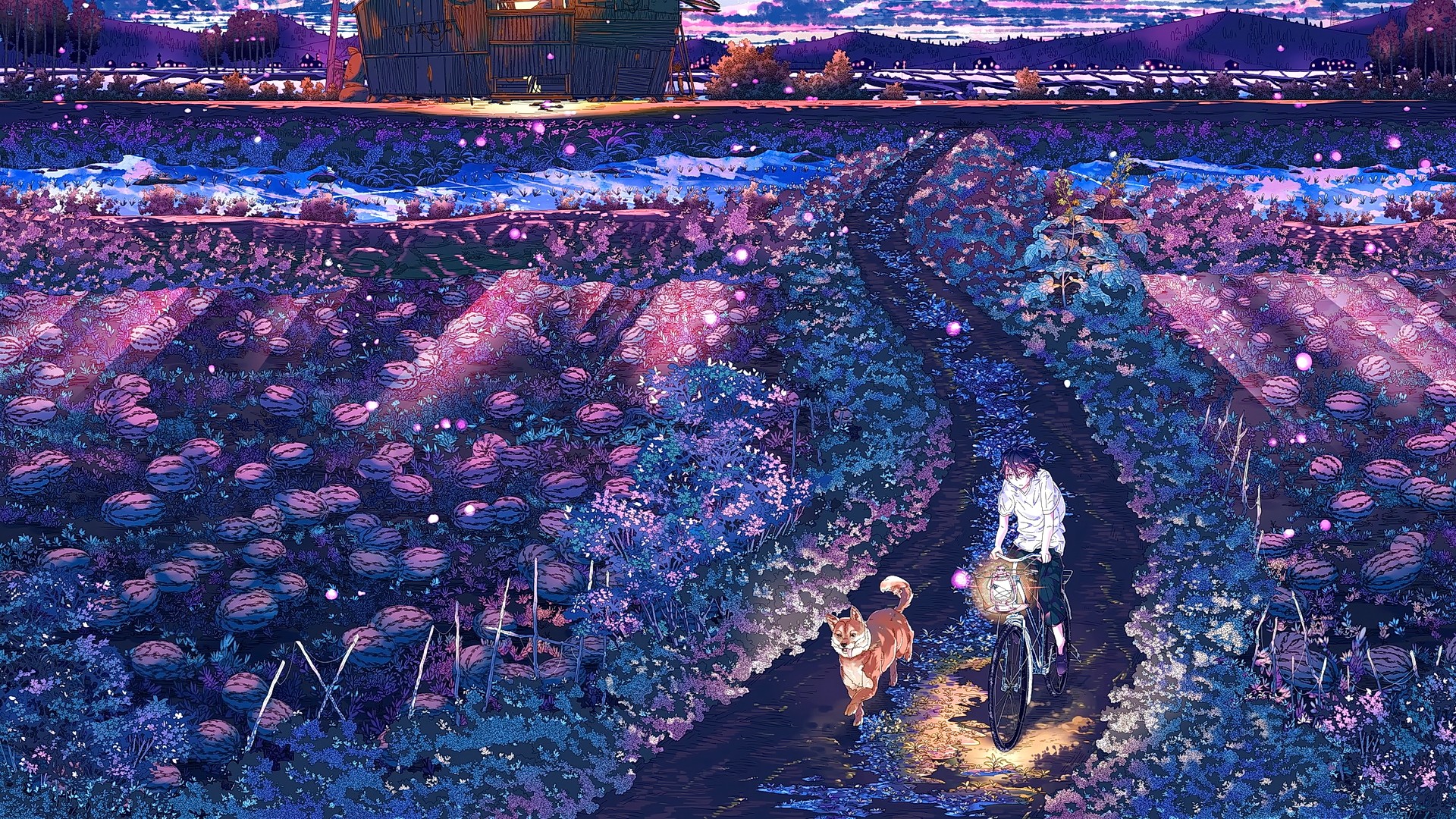 Anime Flowers Dog Collie 1920x1080