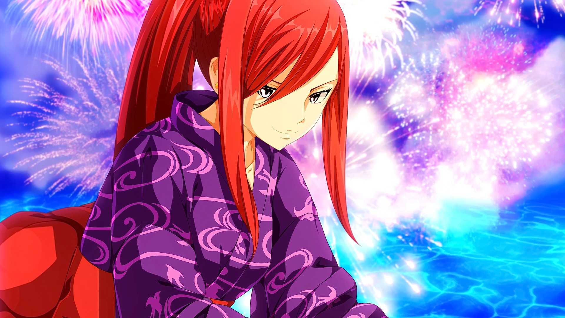 Anime Anime Girls Fairy Tail Scarlet Erza Kimono Ponytail Redhead Fireworks 1920x1080