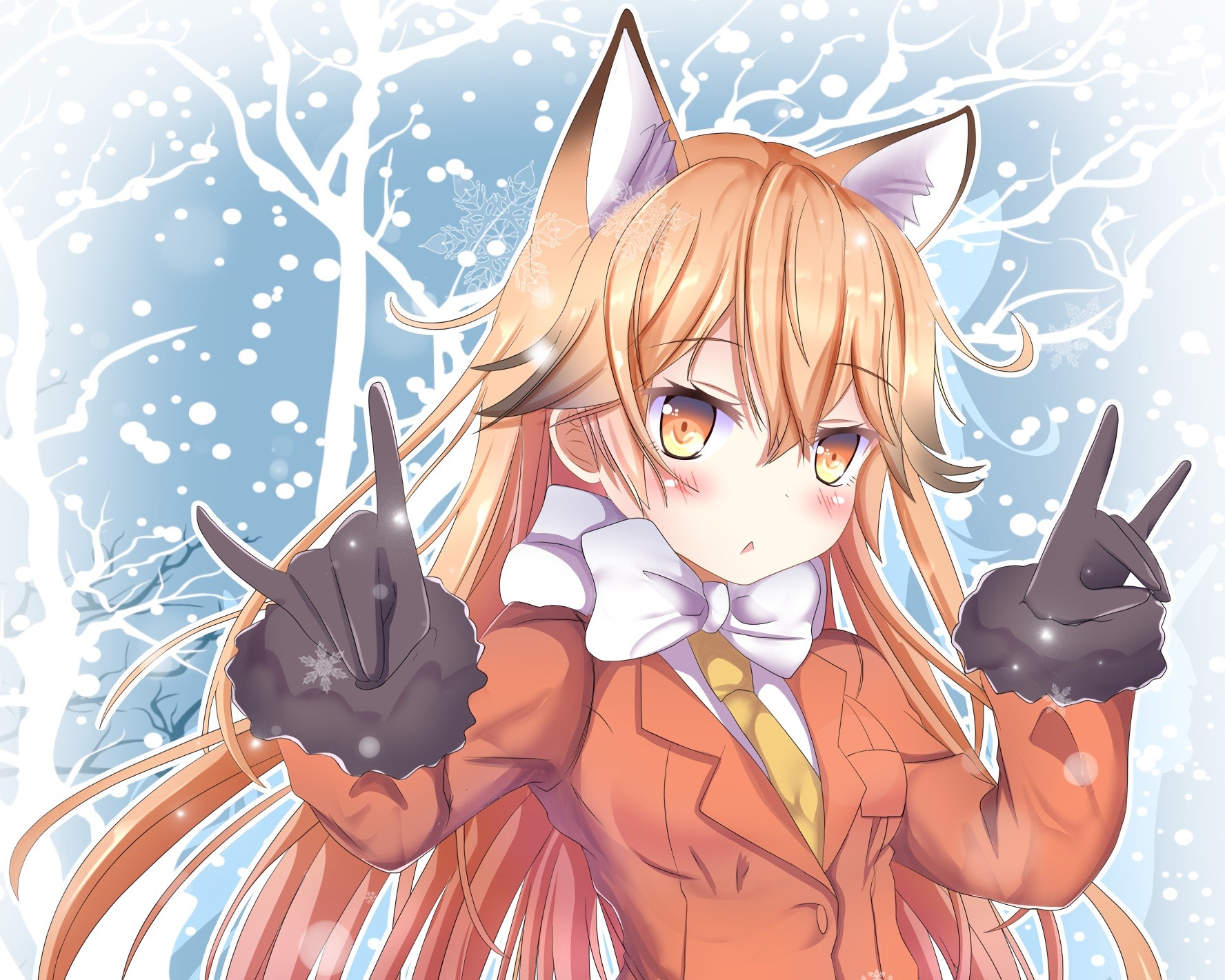 Animal Ears Anthropomorphism Blonde Blushing Hair Bows Cropped Foxgirl Gloves Kemono Friends Long Ha 1776x1421