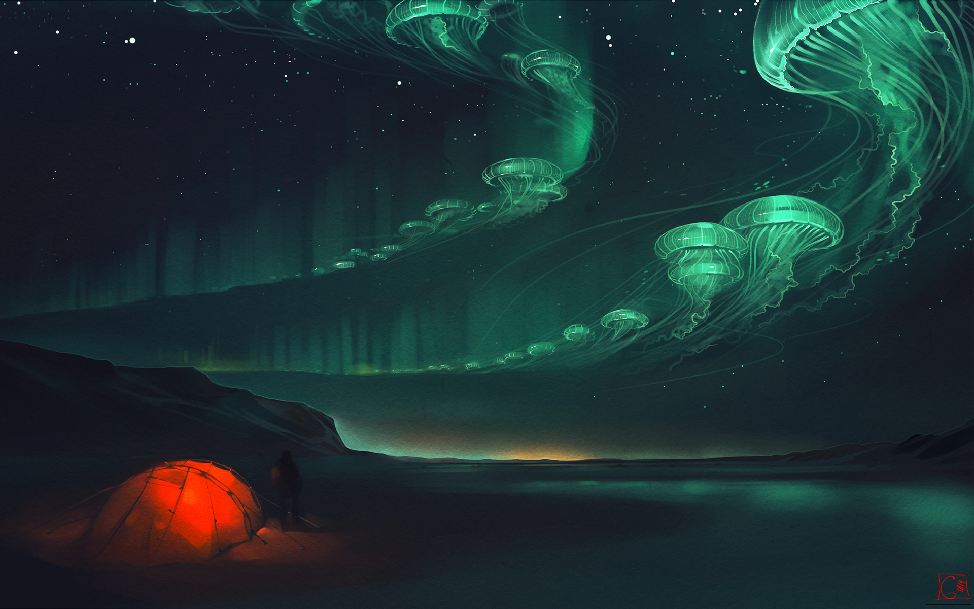 Artwork Fantasy Art Surreal Tent Jellyfish Glowing Aurorae Camping Night Stars Mountains 1920x1200